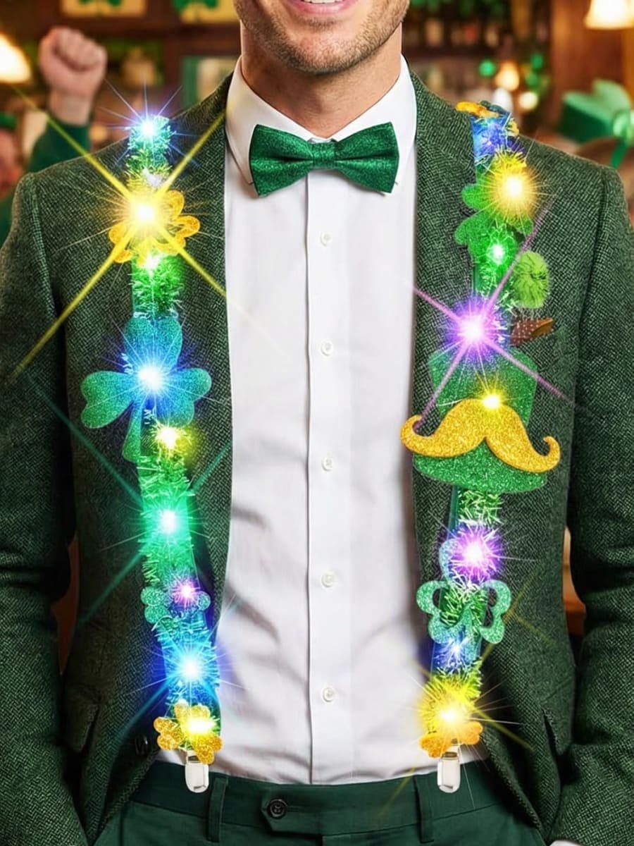 BODIY Light Up St Patrick's Day Suspenders Shamrock Green Elastic Y Back LED St Patrick's Day Accessories for Men and Women, Green, free size thumbnail 2