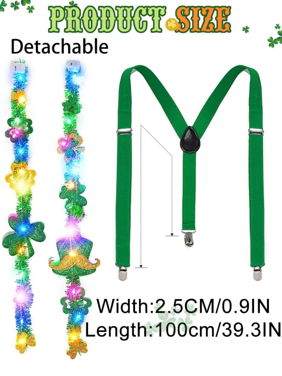 BODIY Light Up St Patrick's Day Suspenders Shamrock Green Elastic Y Back LED St Patrick's Day Accessories for Men and Women, Green, free size thumbnail 3