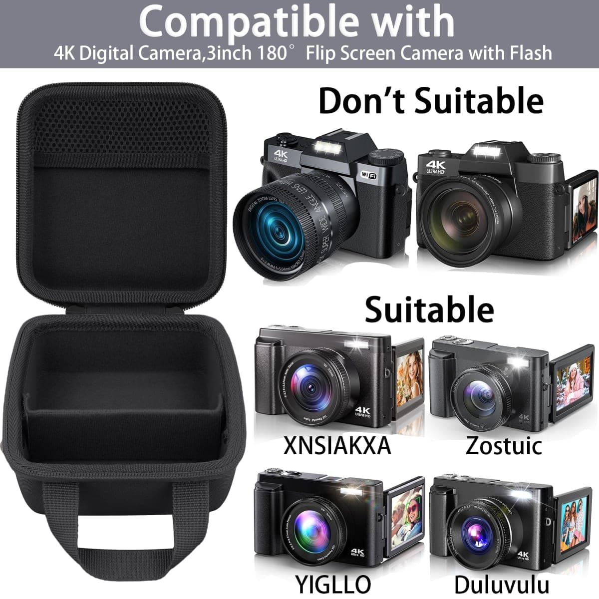 Camera Case Compatible with YIGLLO/Zostuic/Duluvulu/VJIANGER/Gavonde 4K Digital Camera for Photography Auto-Focus Vlogging Camera with 3inch 180° Flip Screen(Black Case) thumbnail 3