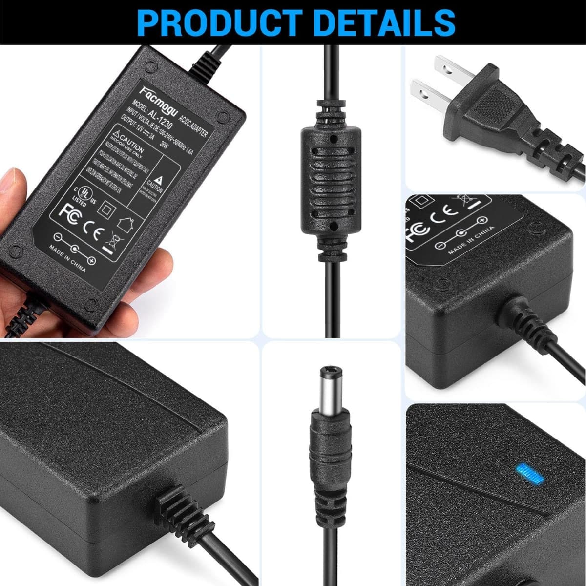 Facmogu DC 12V 3A Power Adapter, 100-240V AC to DC 12V 3A 36W Power Suppy with Barrel Connector 5.5x2.5mm & 5.5x2.1mm, 12 Volt 3 Amp Desktop Adpater 12V Switching Transformer AC/DC Power Converter thumbnail 3
