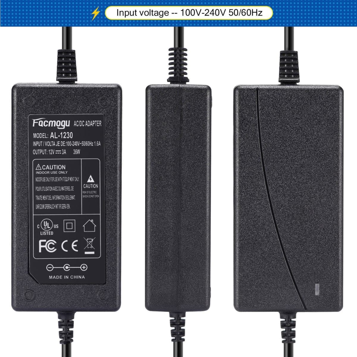 Facmogu DC 12V 3A Power Adapter, 100-240V AC to DC 12V 3A 36W Power Suppy with Barrel Connector 5.5x2.5mm & 5.5x2.1mm, 12 Volt 3 Amp Desktop Adpater 12V Switching Transformer AC/DC Power Converter thumbnail 5