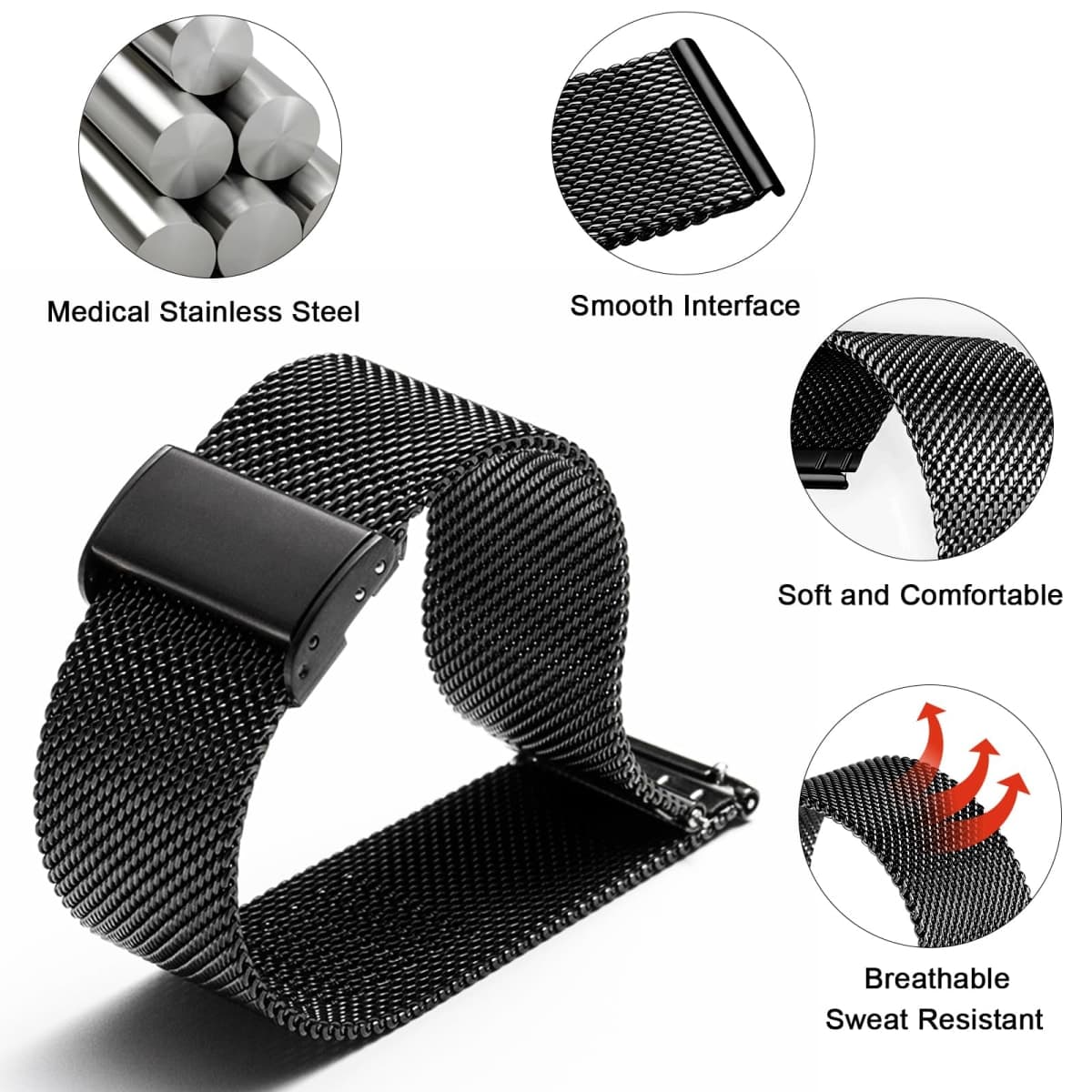 TStrap Mesh Watch Band Metal - Black Quick Release Watch Strap for Men Women - Stainless Steel Smart Bracelet Montre Homme Replacement - 18mm 20mm 22mm thumbnail 4