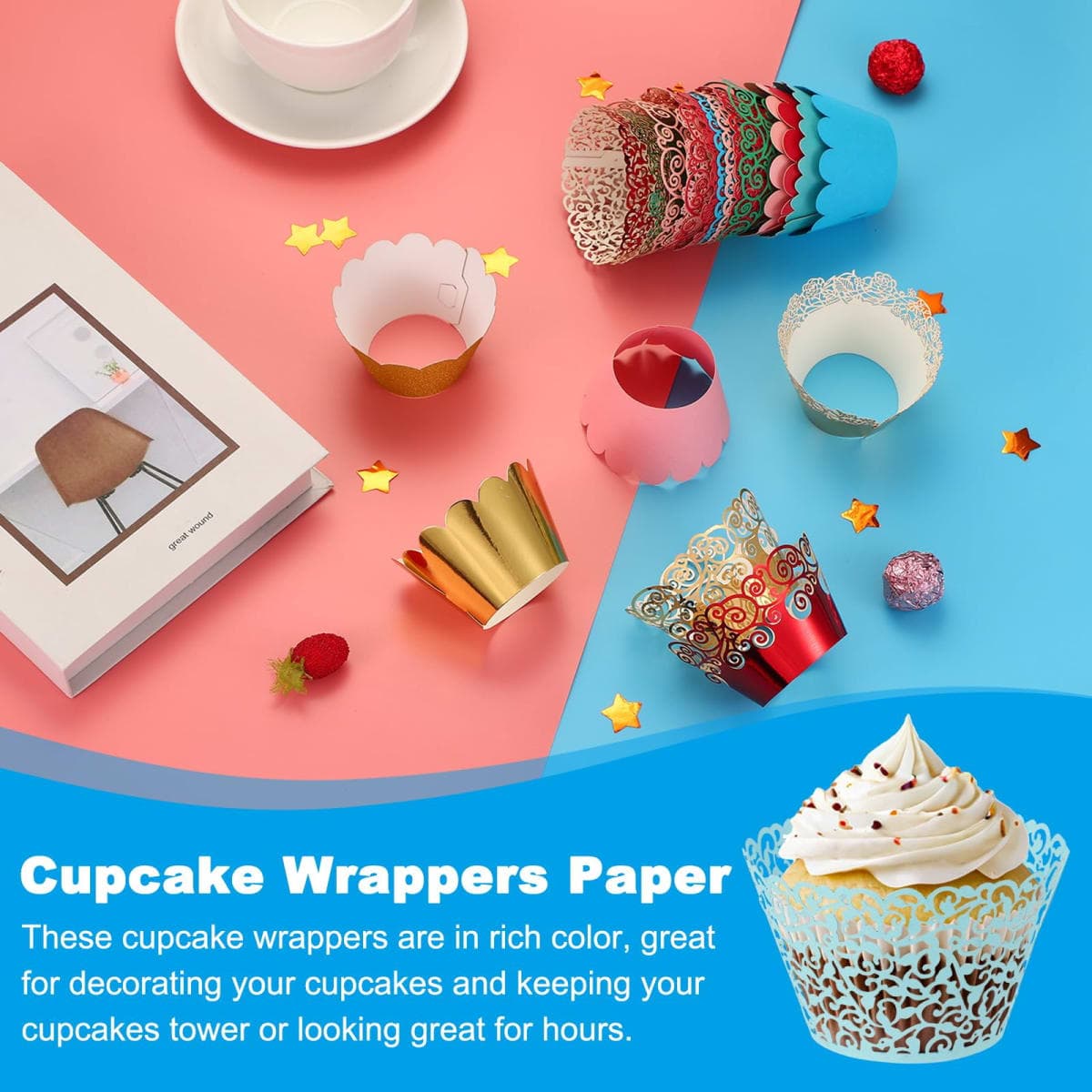 PATIKIL Cupcake Wrappers Paper, 50 Pack Baking Cups Standard Vine Decoration for Anniversary Birthday Weddings and Parties, Light Blue thumbnail 4