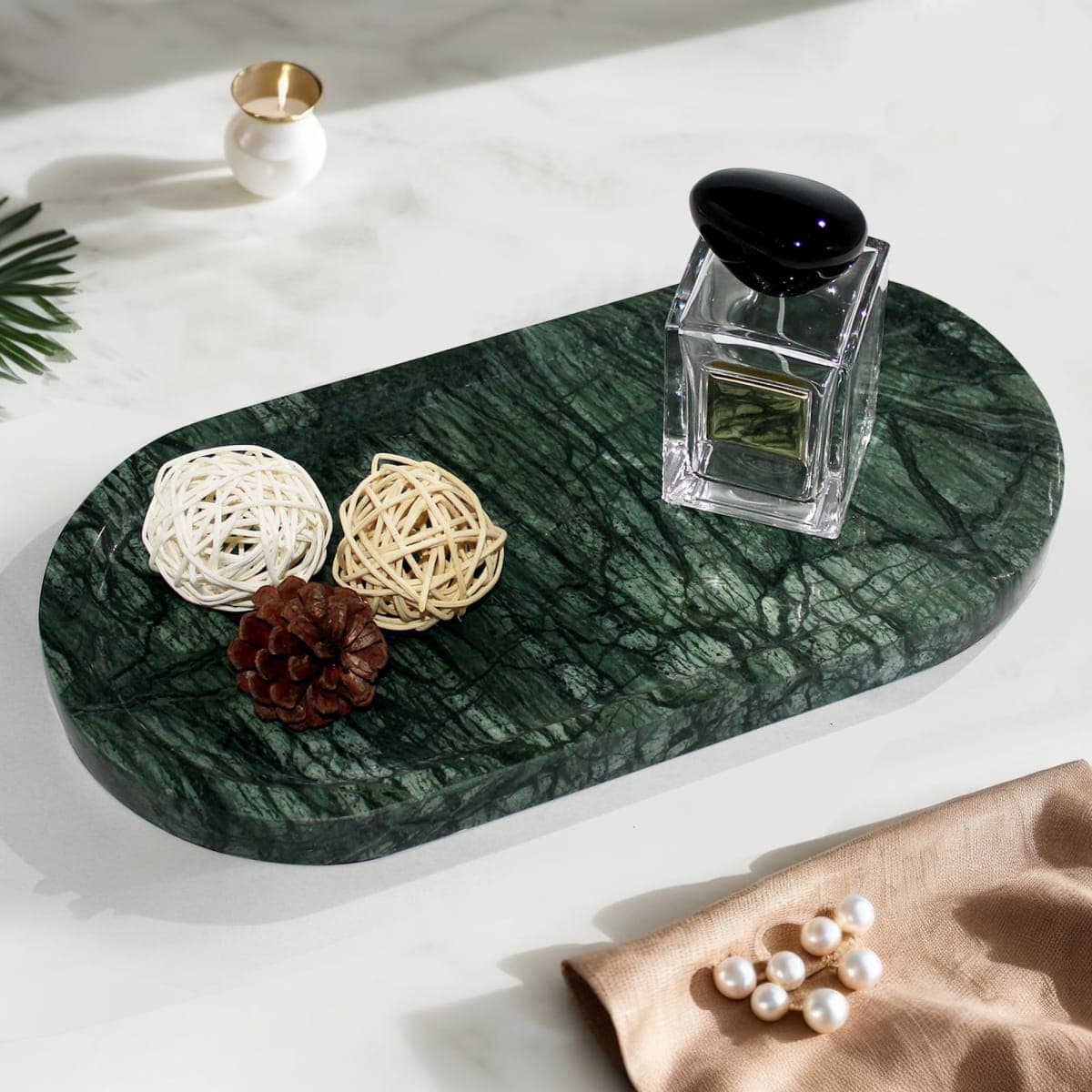 YMXYJM 100% Natural Marble Vanity Tray for Bathroom, Luxury Indian Green Decorative Marble Oval Trays for Bathroom Countertop Storage Organizer, Vanity, Dresser, Kitchen, Home Decor, 11.8"*6", Green thumbnail 3