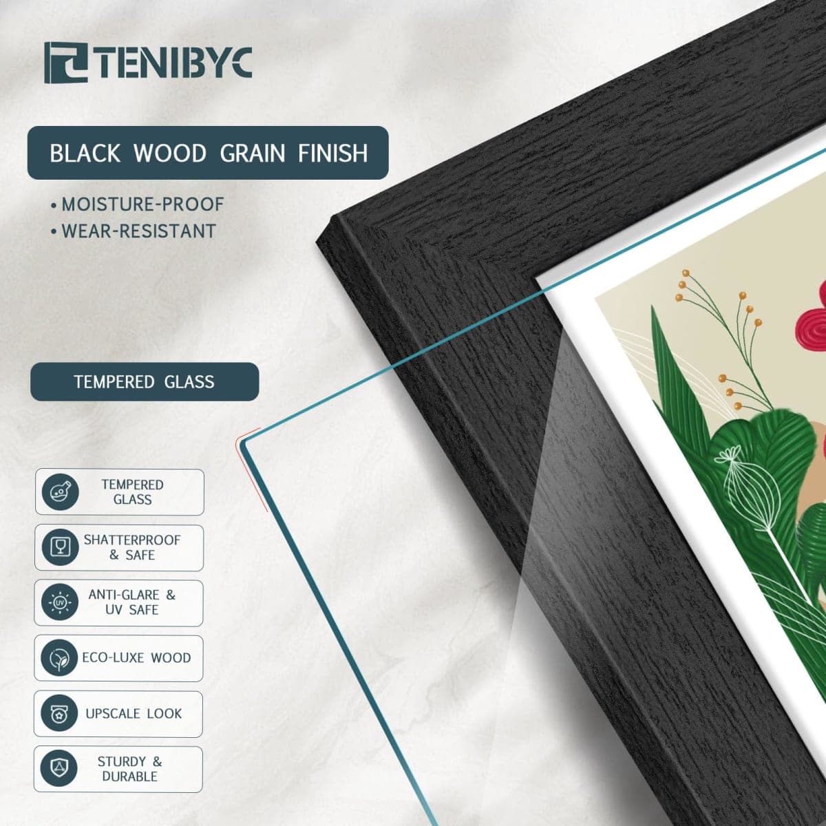 TENIBYC 8.5x11 Picture Frame Set - 4 Pack, Black Natural Solid Wood, HD Tempered Glass, Elegant Wood Grain Photo Frame, Table or Wall Display thumbnail 4