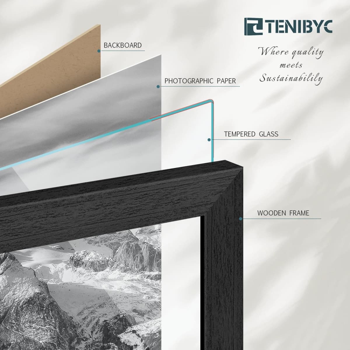 TENIBYC 8.5x11 Picture Frame Set - 4 Pack, Black Natural Solid Wood, HD Tempered Glass, Elegant Wood Grain Photo Frame, Table or Wall Display thumbnail 5