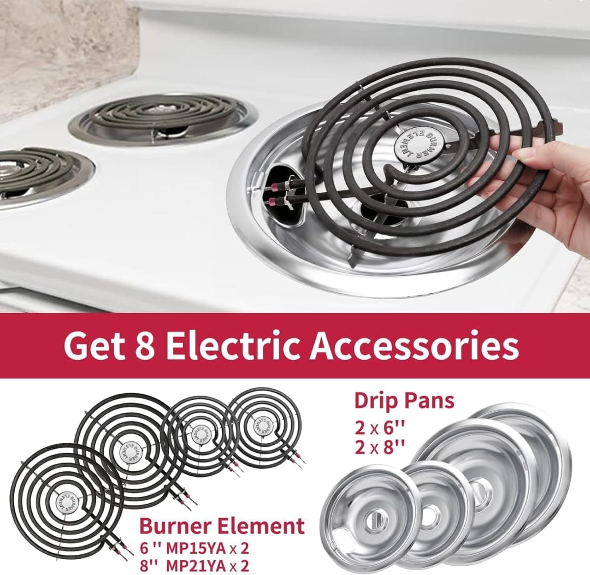 COZZIVITA MP22YA Electric Stove Burner Element Replacement Set & W10290350 W10290353 4 Pack Drip Pans - Perfectly Fit Whirpool Electric Range Stove Top thumbnail 3