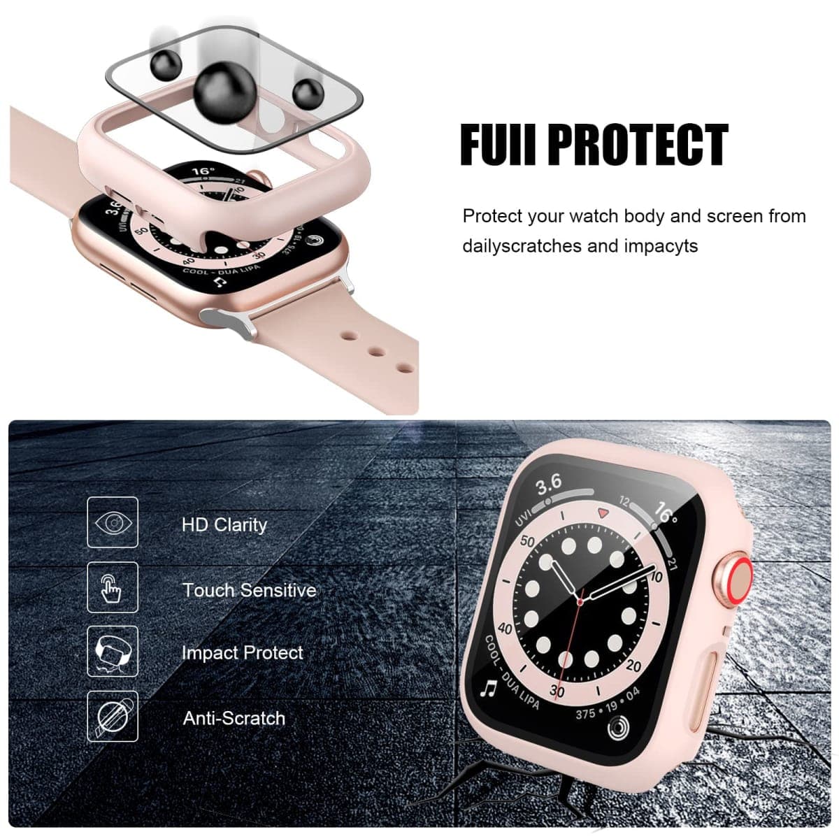 2 Pack Case with Tempered Glass Screen Protector for Apple Watch Series 7 41mm,JZK Slim Guard Bumper Full Coverage Hard PC Protective Cover HD Ultra-Thin Cover for iWatch 41mm Accessories,Pink+White thumbnail 4