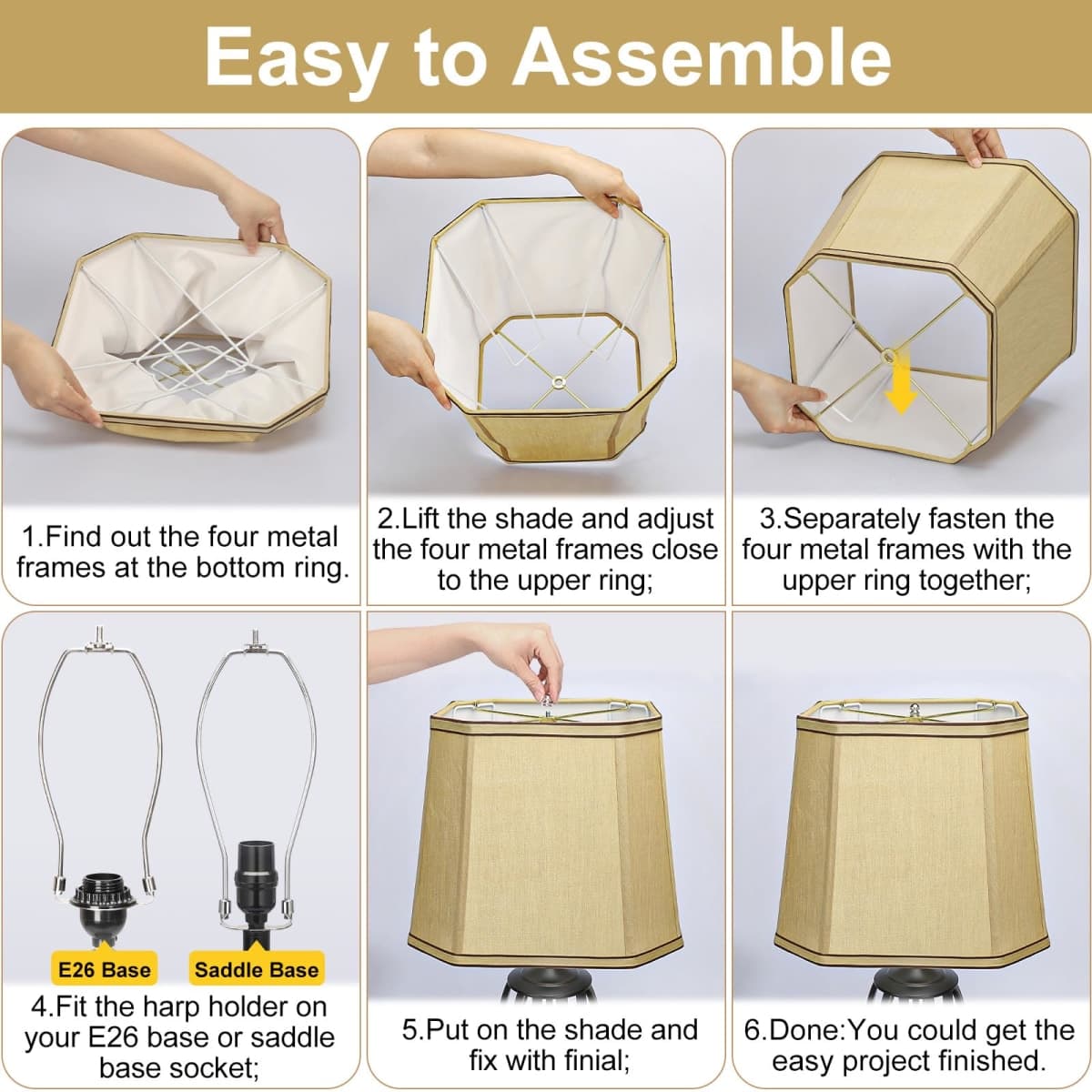 Rectangle Cut Corner Lamp shades Set of 2, 10.5" x 10"x 13" Farmhouse Medium Gold Lampshades with Brown Rim, Included 2 Pack Lamp Harps, Suitable for E26 Base and Saddle Base, Easy Assembly Required thumbnail 3