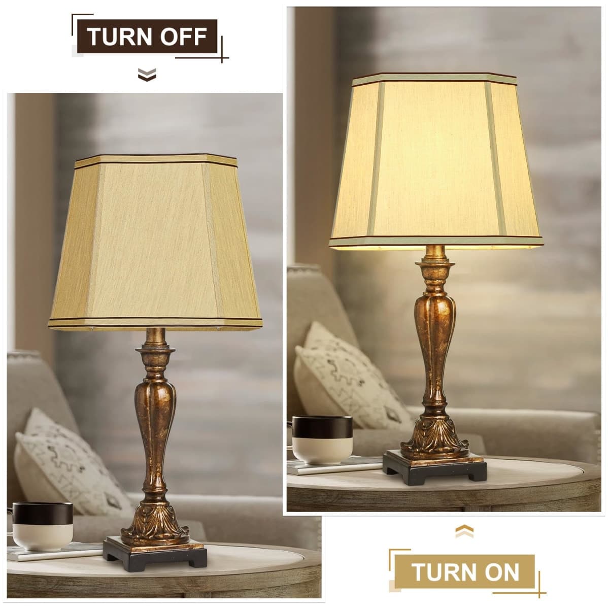 Rectangle Cut Corner Lamp shades Set of 2, 10.5" x 10"x 13" Farmhouse Medium Gold Lampshades with Brown Rim, Included 2 Pack Lamp Harps, Suitable for E26 Base and Saddle Base, Easy Assembly Required thumbnail 4