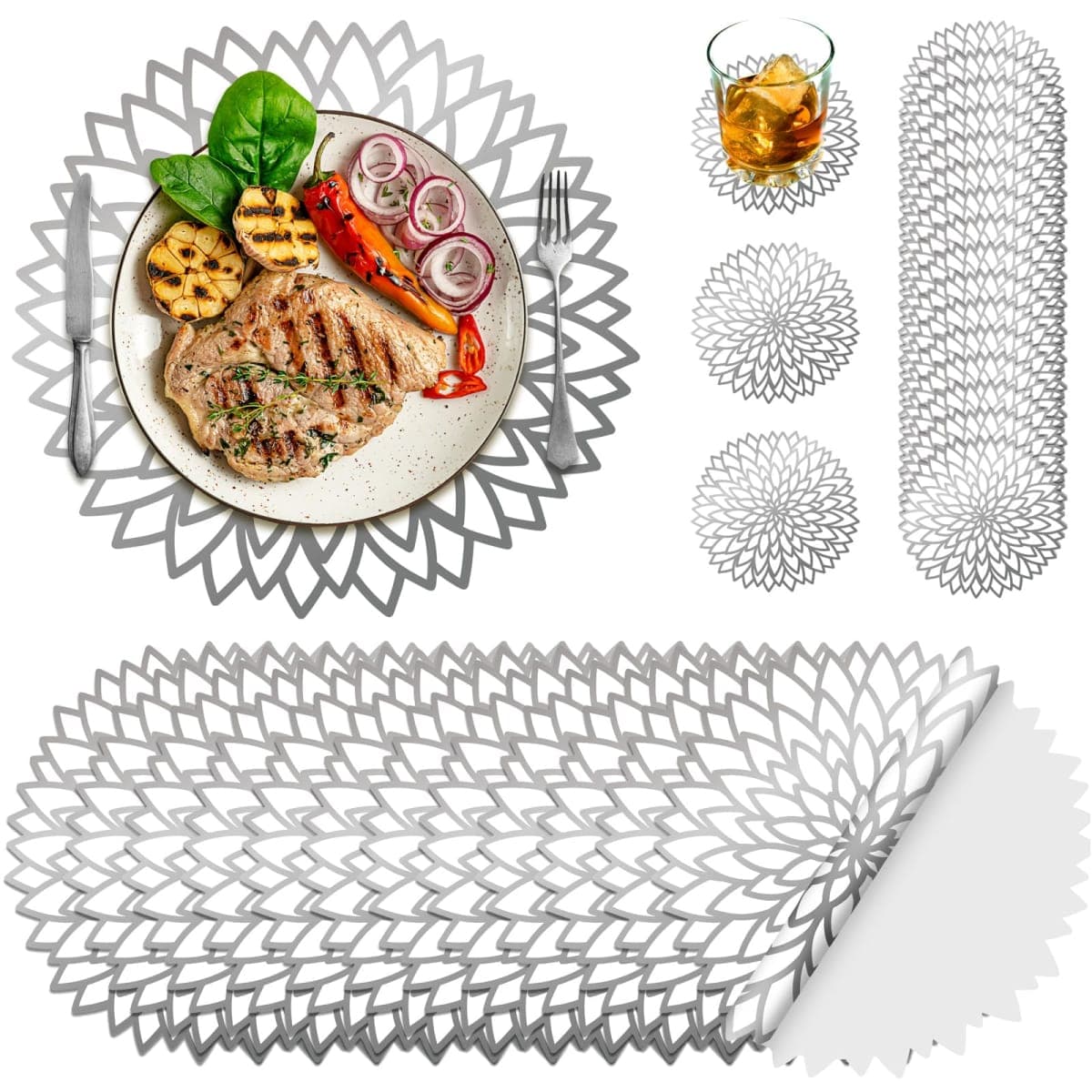 Geosar 200 Disposable Paper Placemats and Coasters Set Summer Hawaiian Luau Placemat with Coasters Outdoor Indoor for Greenery Jungle Dining Table Decoration Shower Birthday(Silver Metallic) — image 1