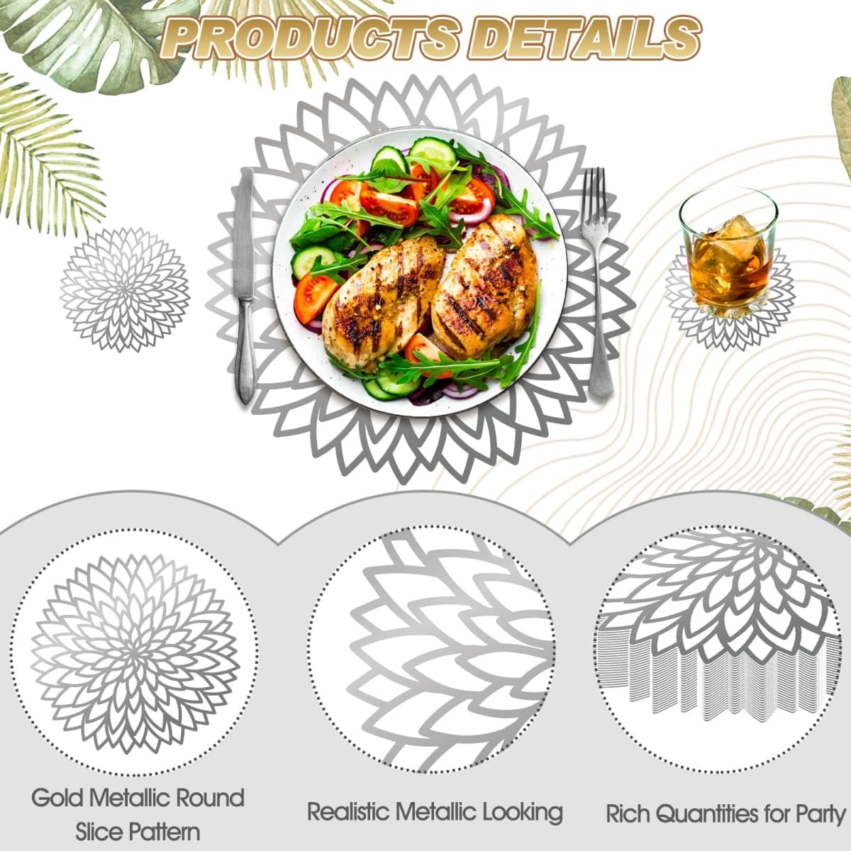 Geosar 200 Disposable Paper Placemats and Coasters Set Summer Hawaiian Luau Placemat with Coasters Outdoor Indoor for Greenery Jungle Dining Table Decoration Shower Birthday(Silver Metallic) thumbnail 3
