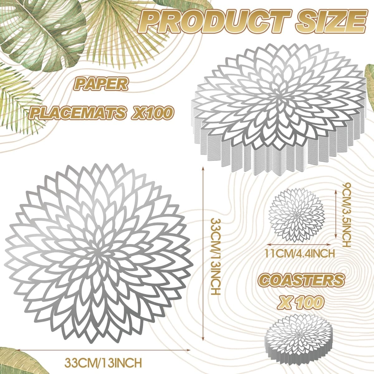 Geosar 200 Disposable Paper Placemats and Coasters Set Summer Hawaiian Luau Placemat with Coasters Outdoor Indoor for Greenery Jungle Dining Table Decoration Shower Birthday(Silver Metallic) thumbnail 4
