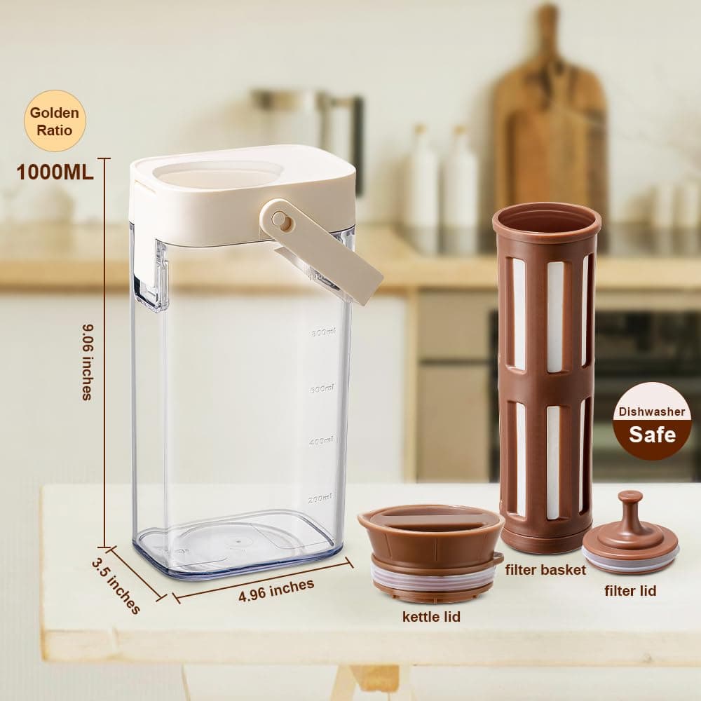 Cold Brew Coffee Maker, 1L/35oz Portable & Durable Iced Tea and Coffee Brewer, Leak-Proof & BPA-Free, Removable Mesh Filter For Easy Cleaning & Using, Dishwasher Safe, Space Saving. thumbnail 2
