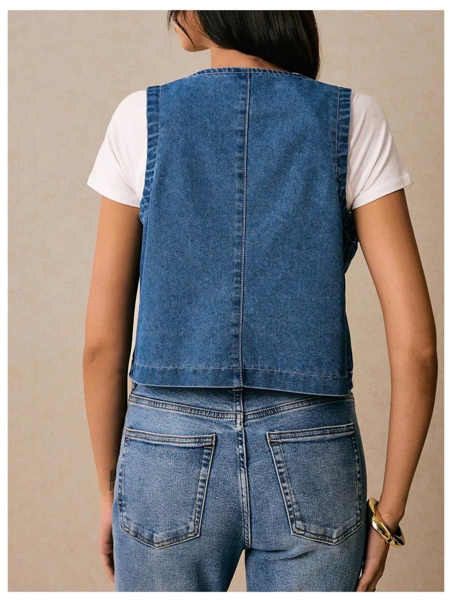 GORGLITTER Women's Floral Embroidered Jean Vest Top Y2k Sleeveless Open Front Boho Western Denim Outerwear, Medium Wash, X-Large thumbnail 2