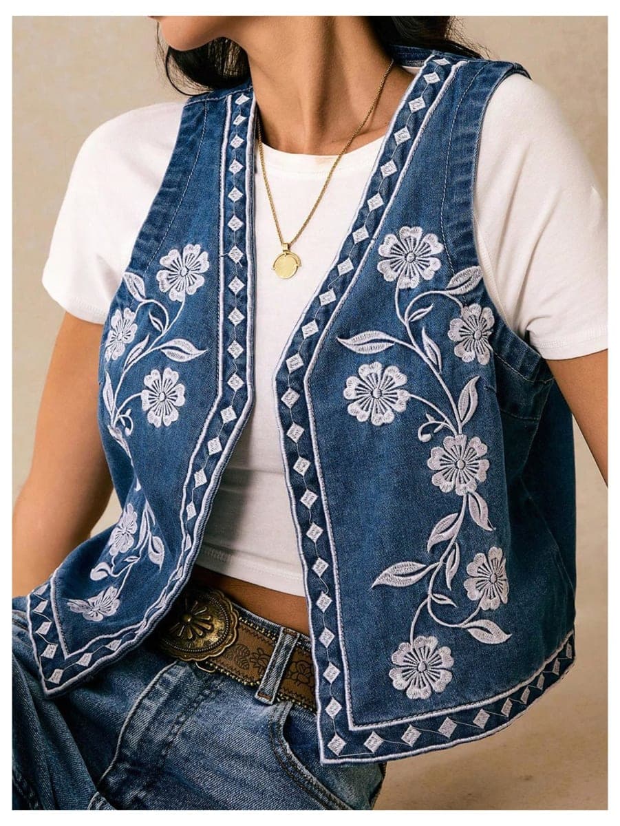 GORGLITTER Women's Floral Embroidered Jean Vest Top Y2k Sleeveless Open Front Boho Western Denim Outerwear, Medium Wash, X-Large thumbnail 3