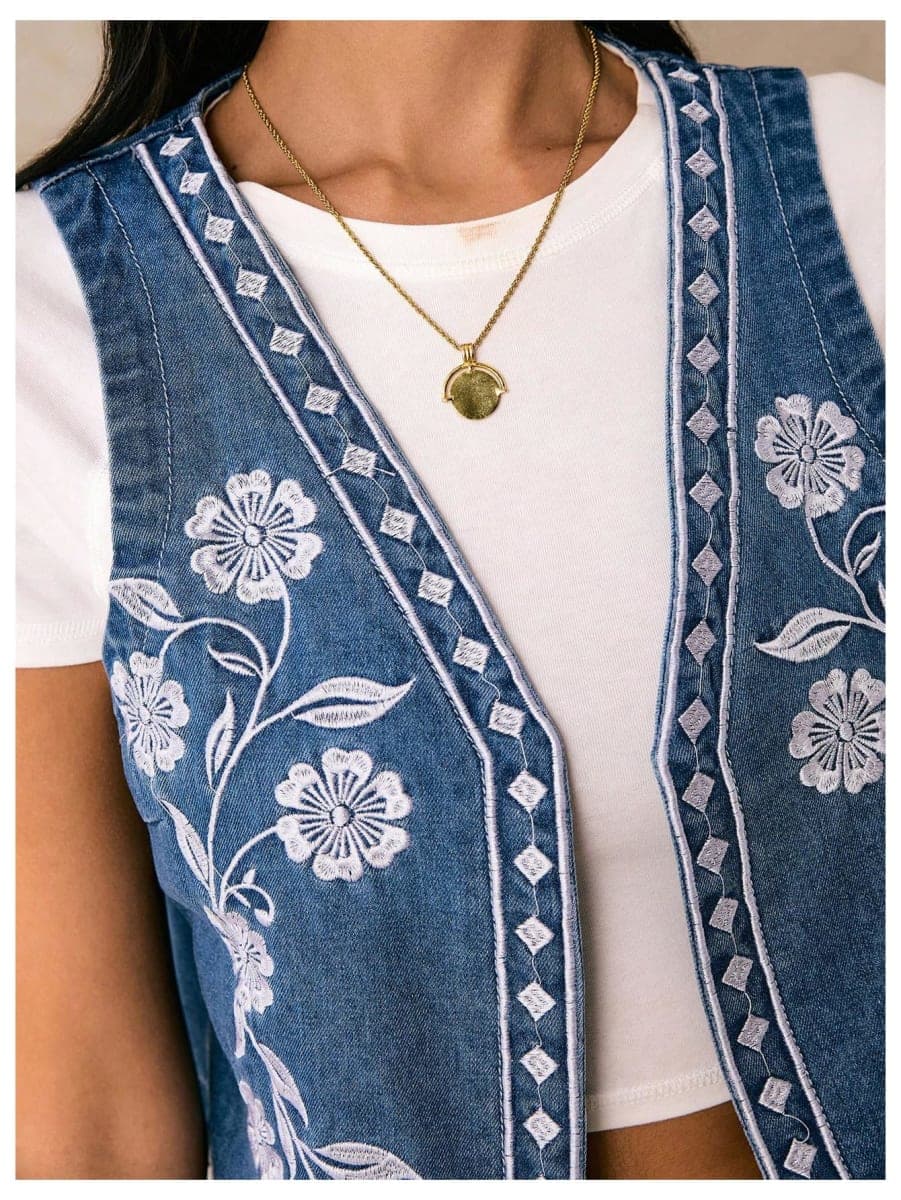 GORGLITTER Women's Floral Embroidered Jean Vest Top Y2k Sleeveless Open Front Boho Western Denim Outerwear, Medium Wash, X-Large thumbnail 4