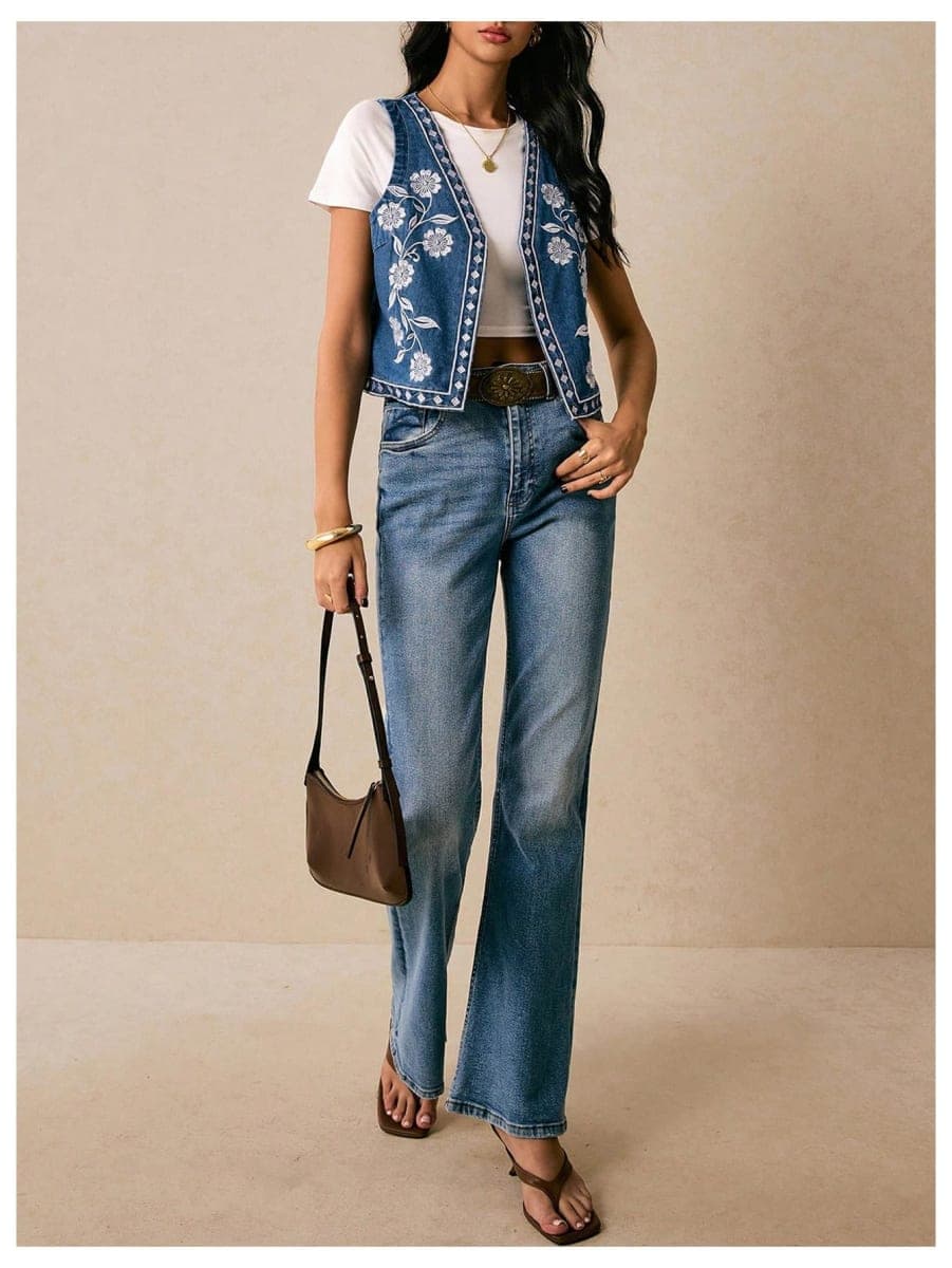 GORGLITTER Women's Floral Embroidered Jean Vest Top Y2k Sleeveless Open Front Boho Western Denim Outerwear, Medium Wash, X-Large thumbnail 5