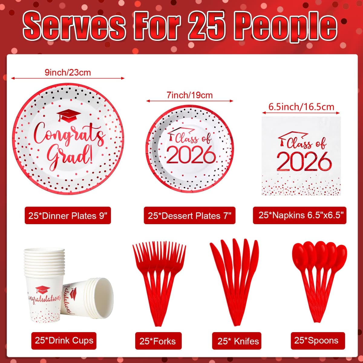 350pcs Class of 2024 Graduation Plates and Napkins Set, Disposable Paper Plate Set Polka Dots Plates Napkins Cups Knife Fork Spoon for Graduation Party Decorations and Supplies,Serve 50 (White Red) thumbnail 2