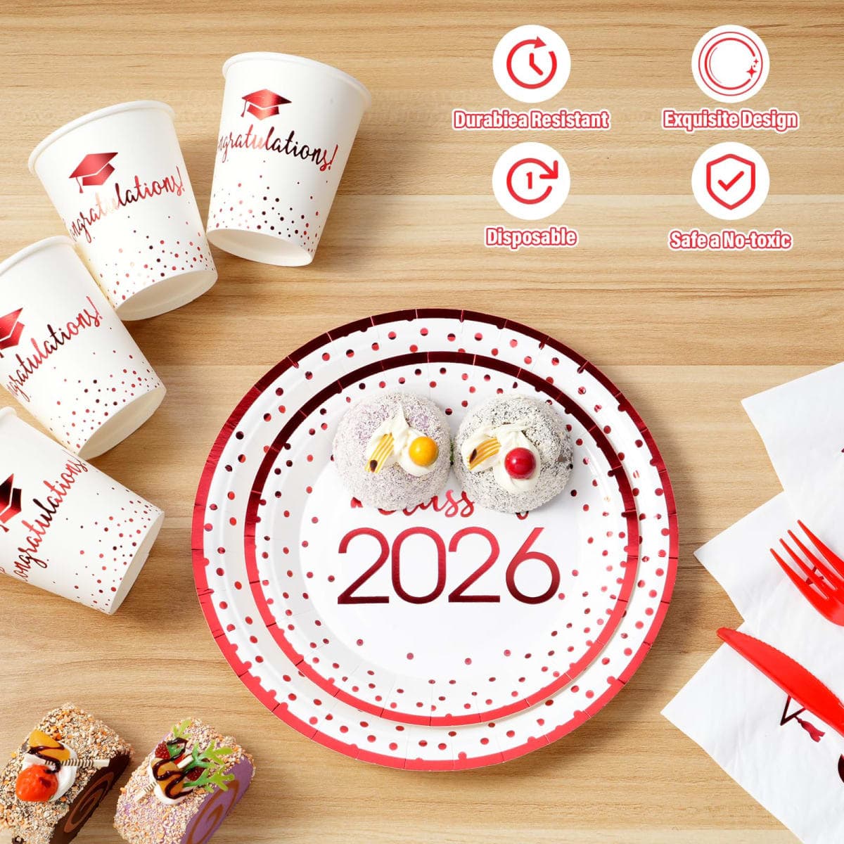 350pcs Class of 2024 Graduation Plates and Napkins Set, Disposable Paper Plate Set Polka Dots Plates Napkins Cups Knife Fork Spoon for Graduation Party Decorations and Supplies,Serve 50 (White Red) thumbnail 3