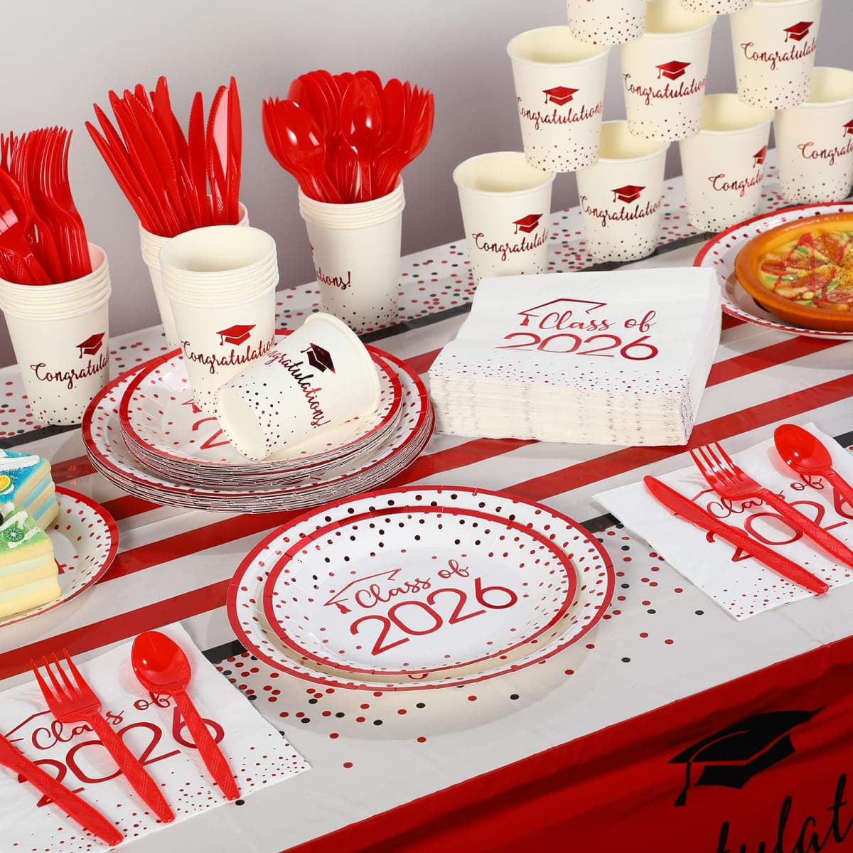 350pcs Class of 2024 Graduation Plates and Napkins Set, Disposable Paper Plate Set Polka Dots Plates Napkins Cups Knife Fork Spoon for Graduation Party Decorations and Supplies,Serve 50 (White Red) thumbnail 4