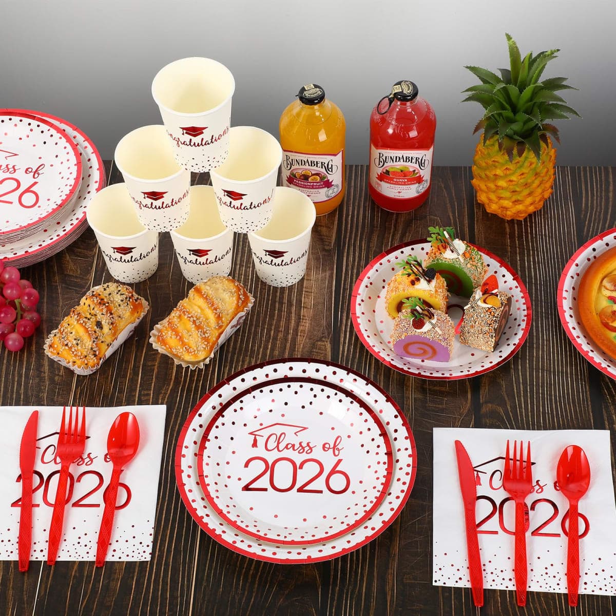350pcs Class of 2024 Graduation Plates and Napkins Set, Disposable Paper Plate Set Polka Dots Plates Napkins Cups Knife Fork Spoon for Graduation Party Decorations and Supplies,Serve 50 (White Red) thumbnail 5