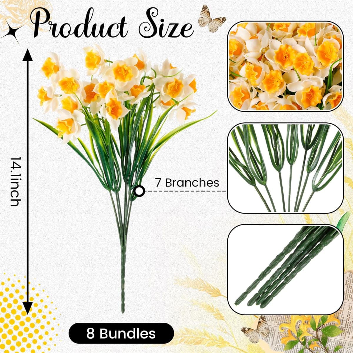 Zeyune 8 Bunches Artificial Daffodils Flowers 14.1 Inches Narcissus Spring Flower Faux Flowers for Home Decor Indoor Decorative for Home Garden Wedding Party(White & Yellow) thumbnail 2