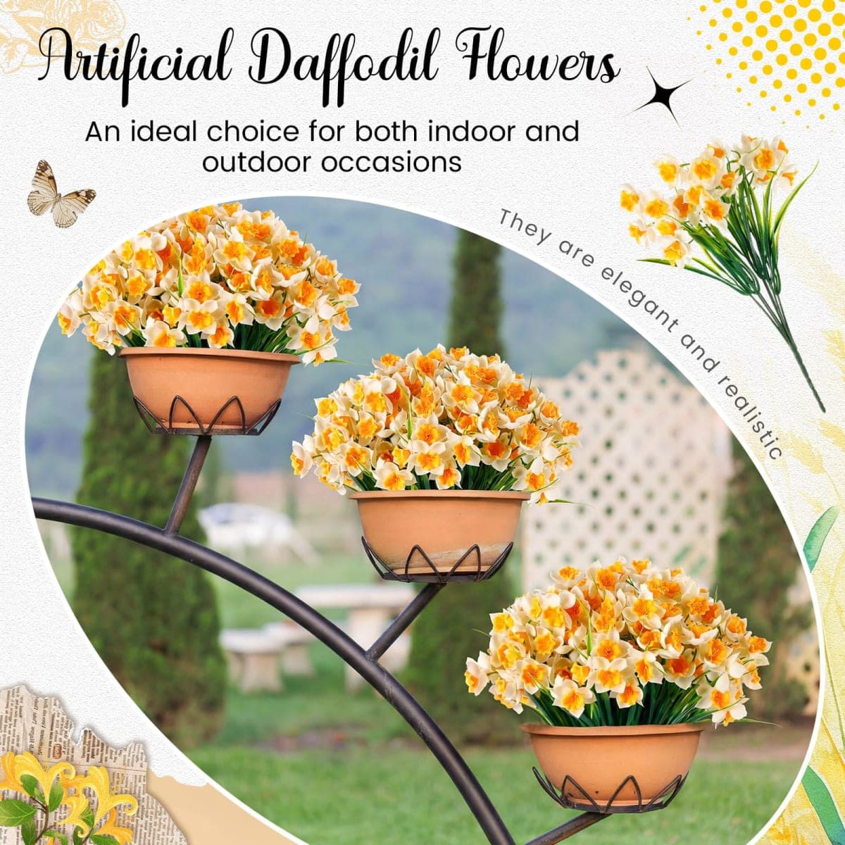 Zeyune 8 Bunches Artificial Daffodils Flowers 14.1 Inches Narcissus Spring Flower Faux Flowers for Home Decor Indoor Decorative for Home Garden Wedding Party(White & Yellow) thumbnail 3