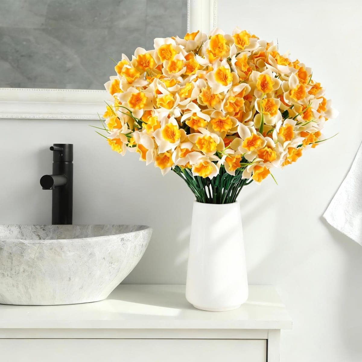 Zeyune 8 Bunches Artificial Daffodils Flowers 14.1 Inches Narcissus Spring Flower Faux Flowers for Home Decor Indoor Decorative for Home Garden Wedding Party(White & Yellow) thumbnail 4