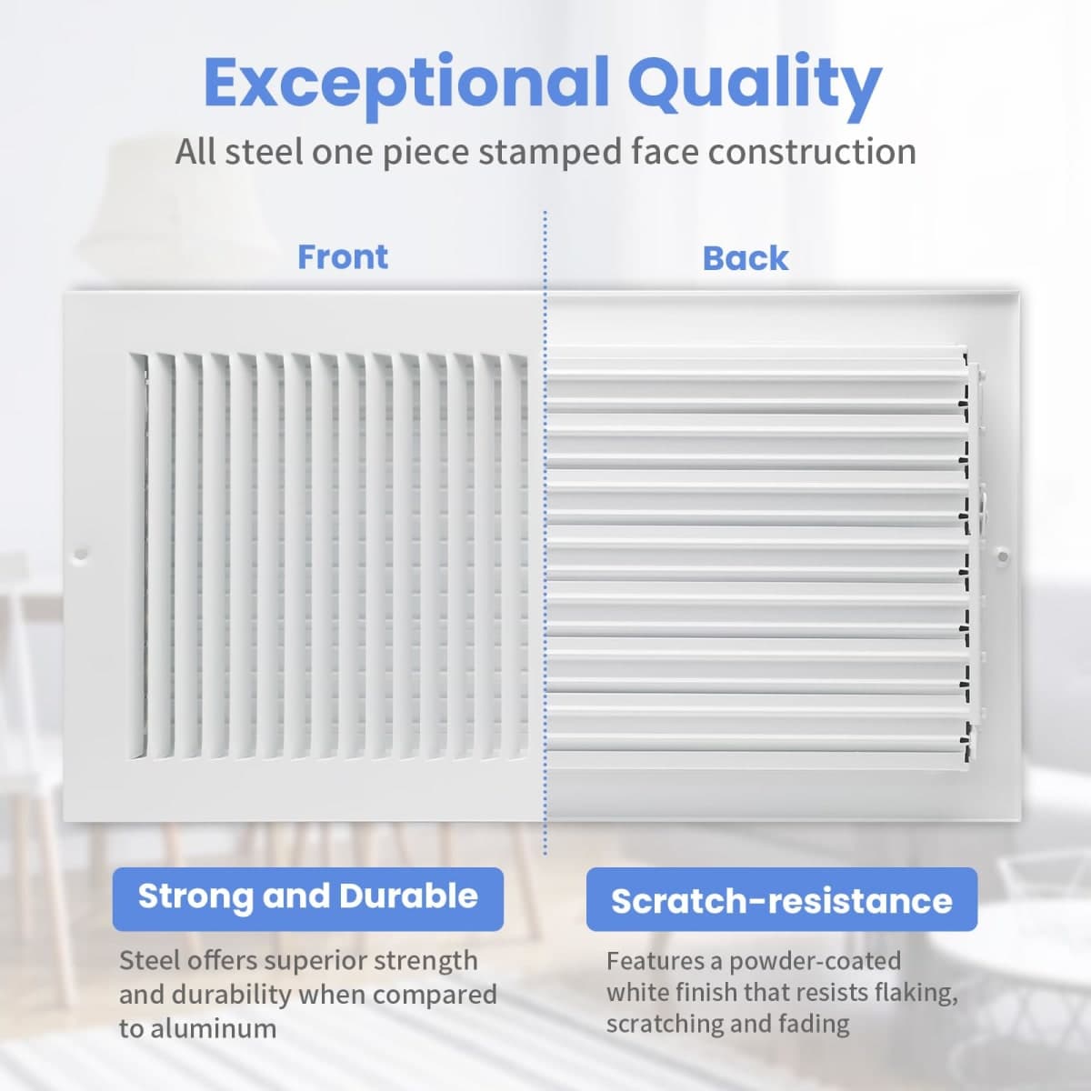 16 x 8 Inch [Duct Opening] Air Vent Covers for Wall or Ceiling - High Airflow 2 Way Steel Ventilation - Adjustable Wall/Ceiling Register, 17-3/4 Inch x 9-3/4 Inch [Overall Dimensions] thumbnail 3