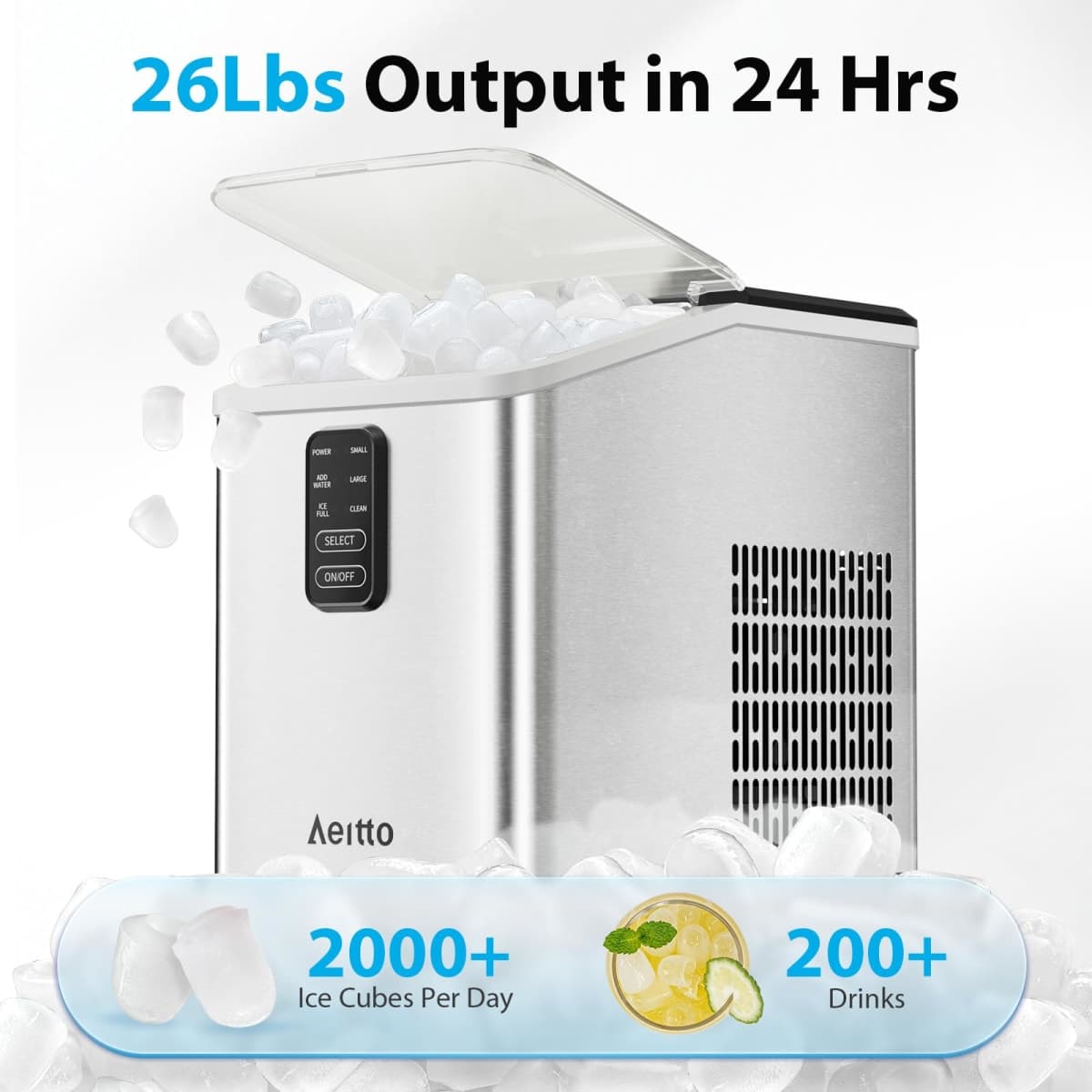 Aeitto Ice Maker Countertop 26lbs/24H, Ice Machine 8 Ice Cubes Ready in 6 Mins, 2 Sizes of Bullet Ice Portable Ice Makers with Basket & Scoop, Auto Self-Cleaning for Home/Kitchen/Office Stainless thumbnail 2