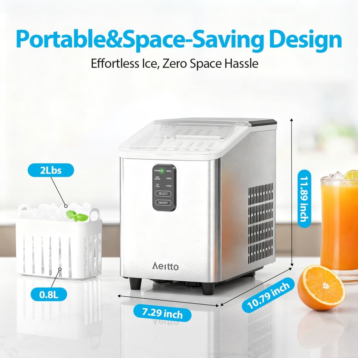 Aeitto Ice Maker Countertop 26lbs/24H, Ice Machine 8 Ice Cubes Ready in 6 Mins, 2 Sizes of Bullet Ice Portable Ice Makers with Basket & Scoop, Auto Self-Cleaning for Home/Kitchen/Office Stainless thumbnail 4