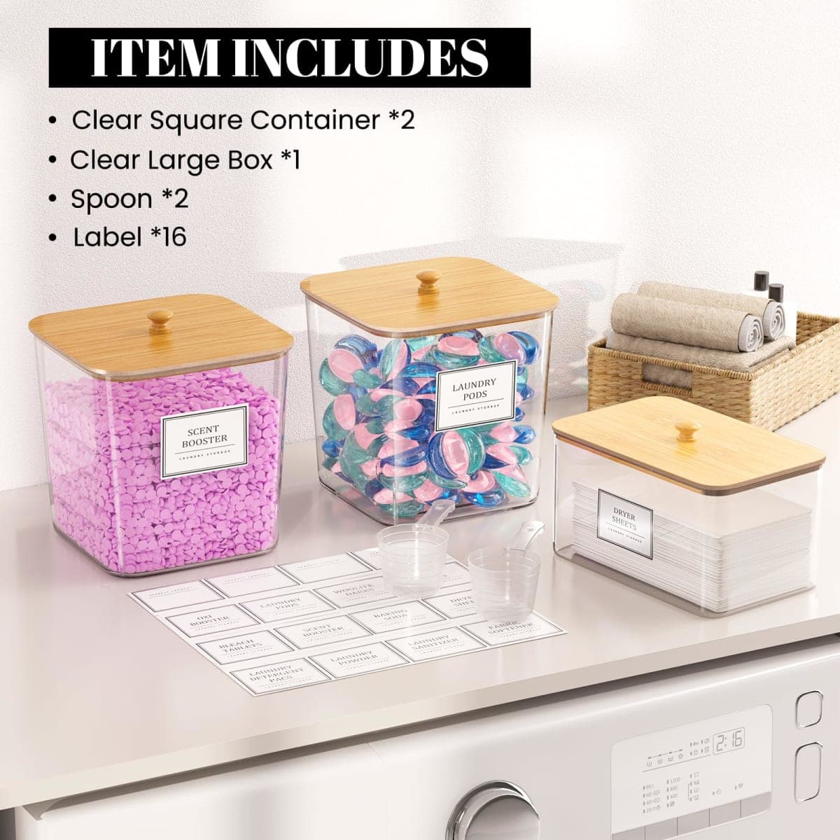 2+1 Pack Laundry Pods Container,Clear Laundry Detergent Powder Storage Containers,Laundry Room Organization Containers with Wooden Lids & Labels,Laundry Pods Holder for Scent Booster,Dryer Ball thumbnail 5
