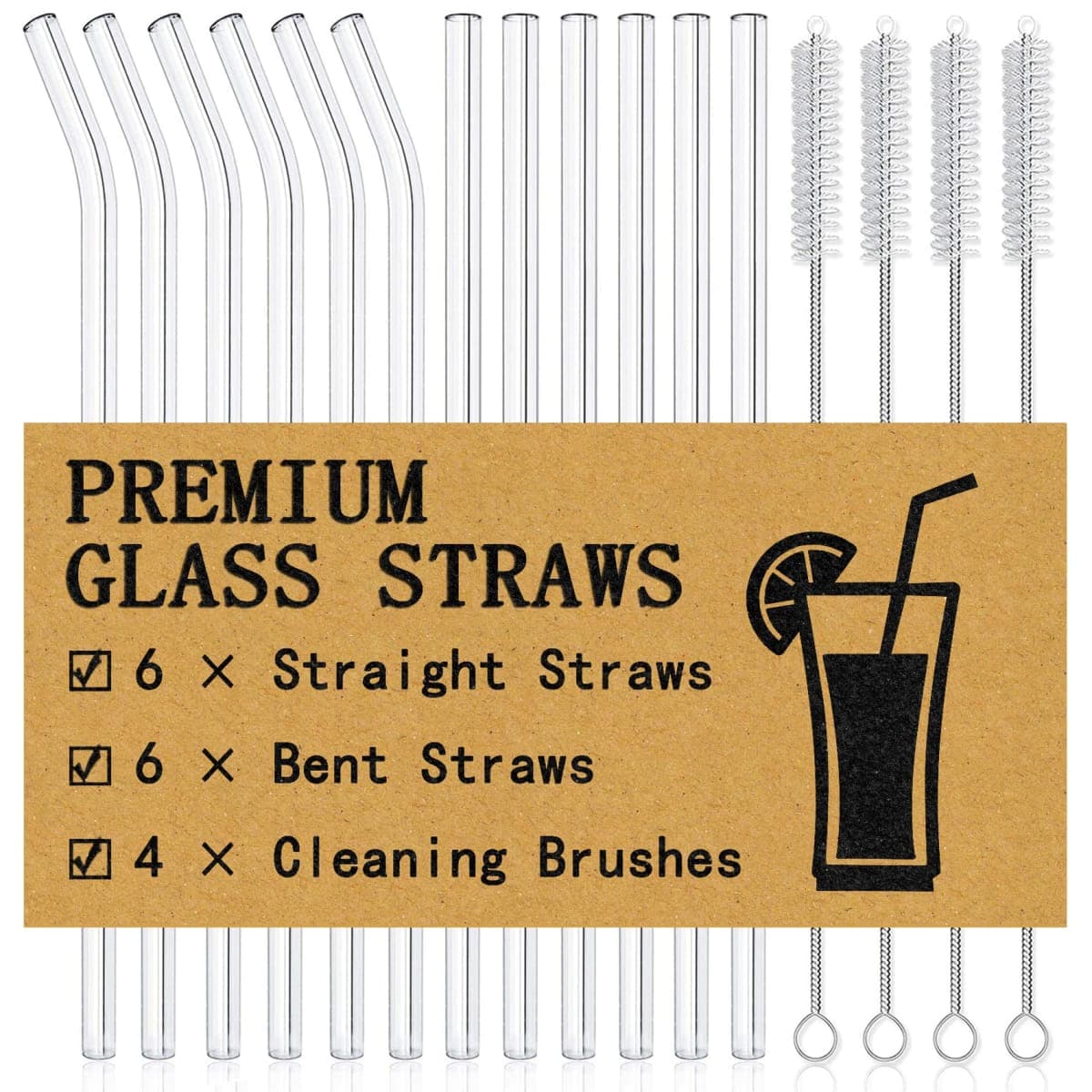 Piteno® 16-Pack Reusable Glass Straws Set, Clear Glass Drinking Straws, 8.5''x10MM, Set of 6 Straight and 6 Bent with 4 Cleaning Brushes, Perfect for Smoothies, Milkshakes, Juice, Tea — image 1