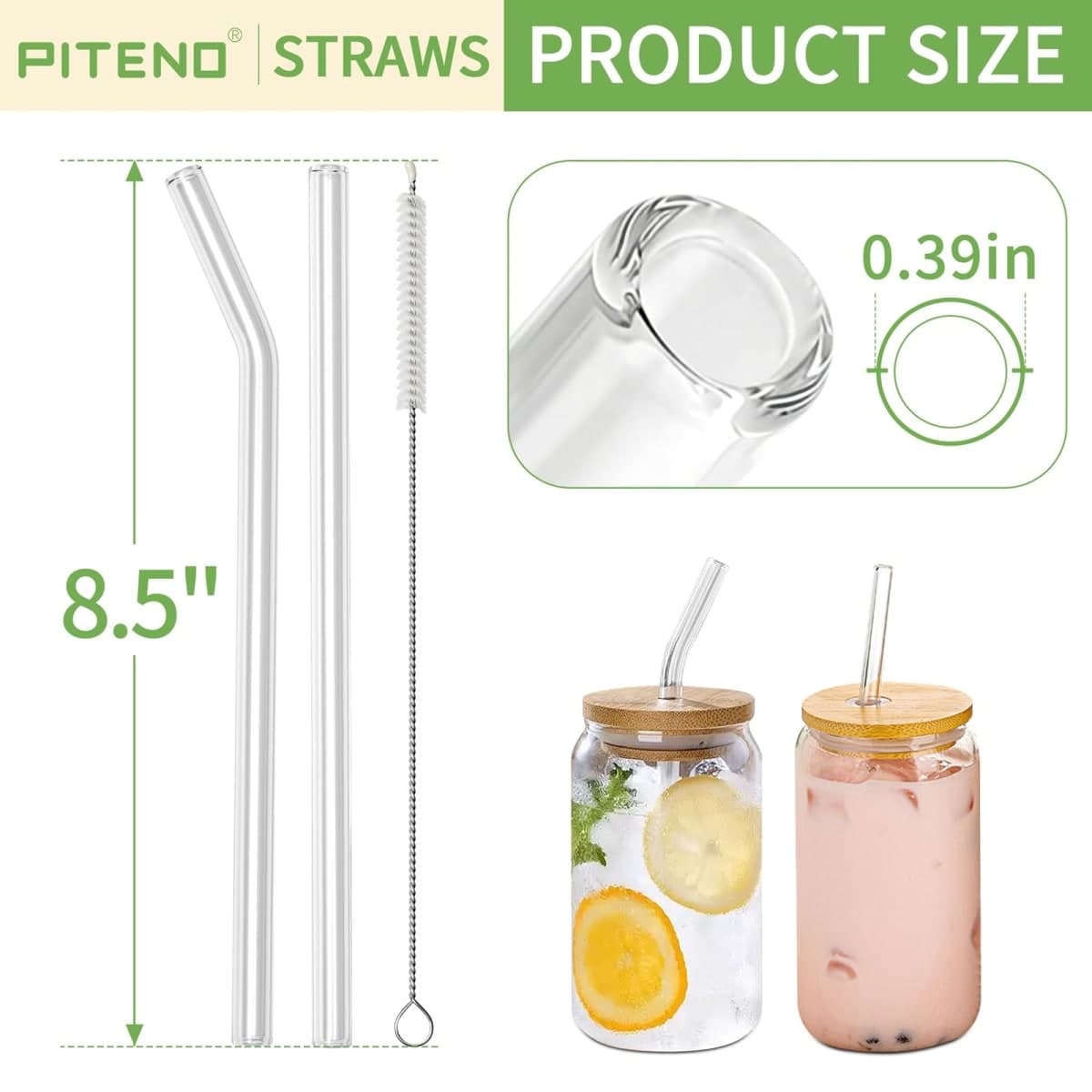 Piteno® 16-Pack Reusable Glass Straws Set, Clear Glass Drinking Straws, 8.5''x10MM, Set of 6 Straight and 6 Bent with 4 Cleaning Brushes, Perfect for Smoothies, Milkshakes, Juice, Tea thumbnail 2