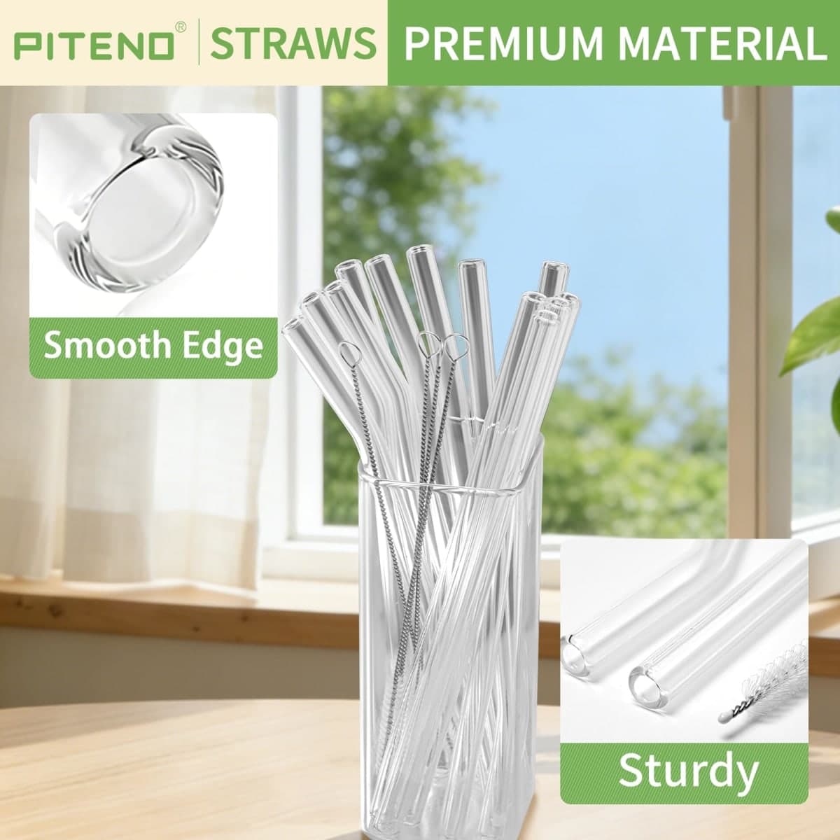 Piteno® 16-Pack Reusable Glass Straws Set, Clear Glass Drinking Straws, 8.5''x10MM, Set of 6 Straight and 6 Bent with 4 Cleaning Brushes, Perfect for Smoothies, Milkshakes, Juice, Tea thumbnail 3