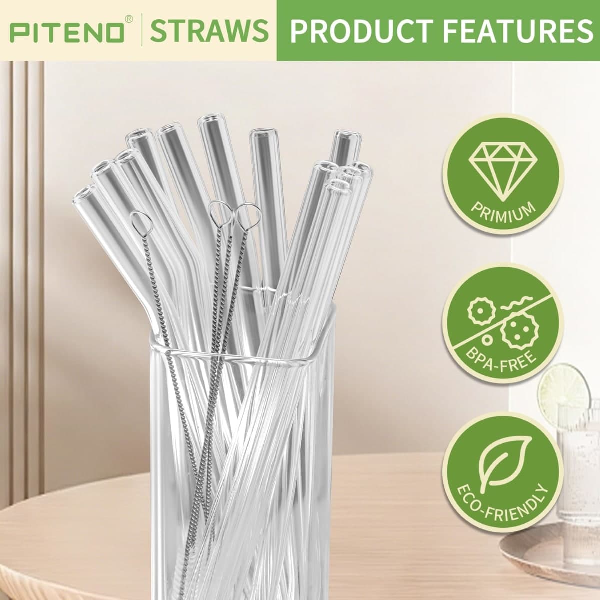 Piteno® 16-Pack Reusable Glass Straws Set, Clear Glass Drinking Straws, 8.5''x10MM, Set of 6 Straight and 6 Bent with 4 Cleaning Brushes, Perfect for Smoothies, Milkshakes, Juice, Tea thumbnail 4