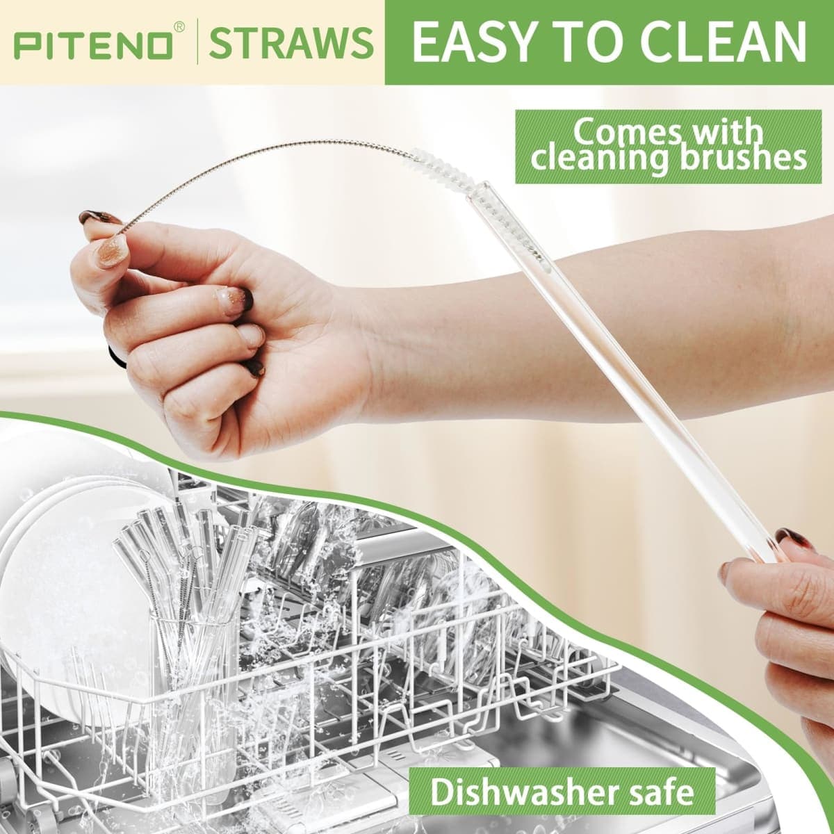 Piteno® 16-Pack Reusable Glass Straws Set, Clear Glass Drinking Straws, 8.5''x10MM, Set of 6 Straight and 6 Bent with 4 Cleaning Brushes, Perfect for Smoothies, Milkshakes, Juice, Tea thumbnail 5