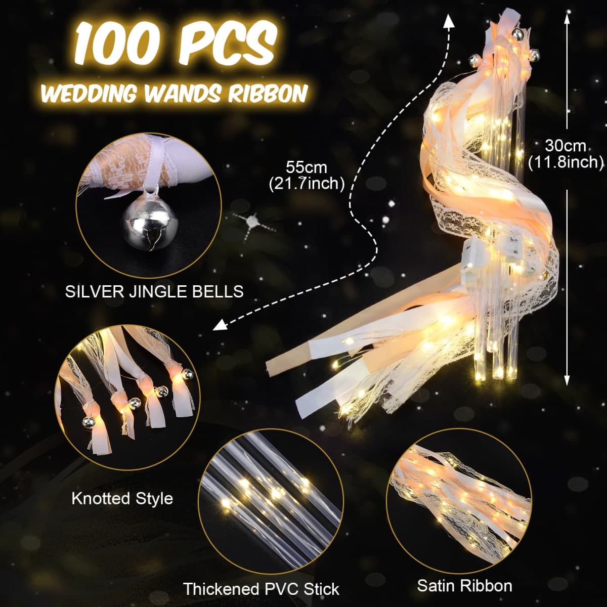 HONLYNE 58 PCS Light up Wands for Wedding, Wedding Wands Streamers with 3 Colorful Flashing Modes, Fairy Wands, LED Silk Fairy Wand with Bells for Wedding, New Year, Raves, Concert, Birthday thumbnail 2