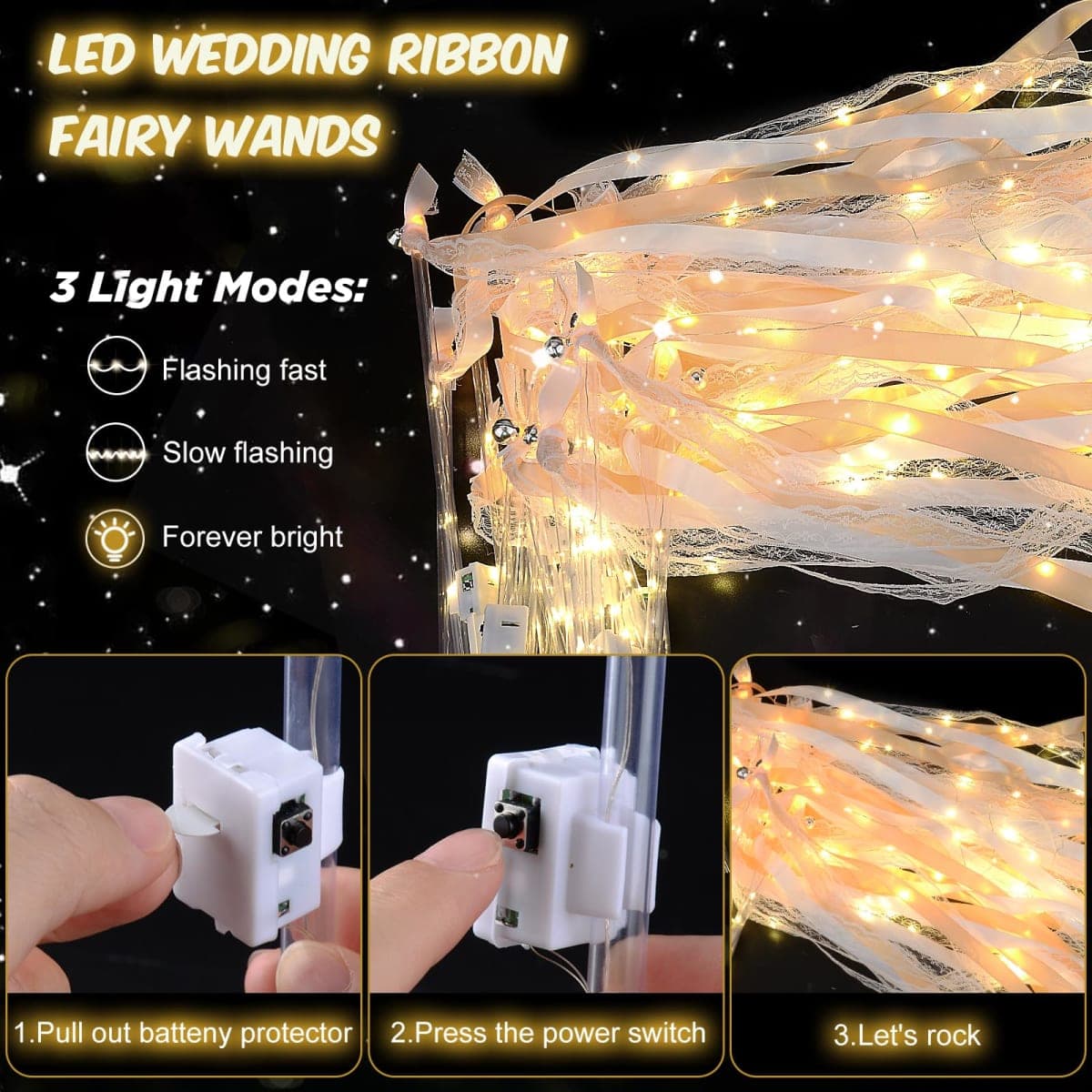 HONLYNE 58 PCS Light up Wands for Wedding, Wedding Wands Streamers with 3 Colorful Flashing Modes, Fairy Wands, LED Silk Fairy Wand with Bells for Wedding, New Year, Raves, Concert, Birthday thumbnail 3
