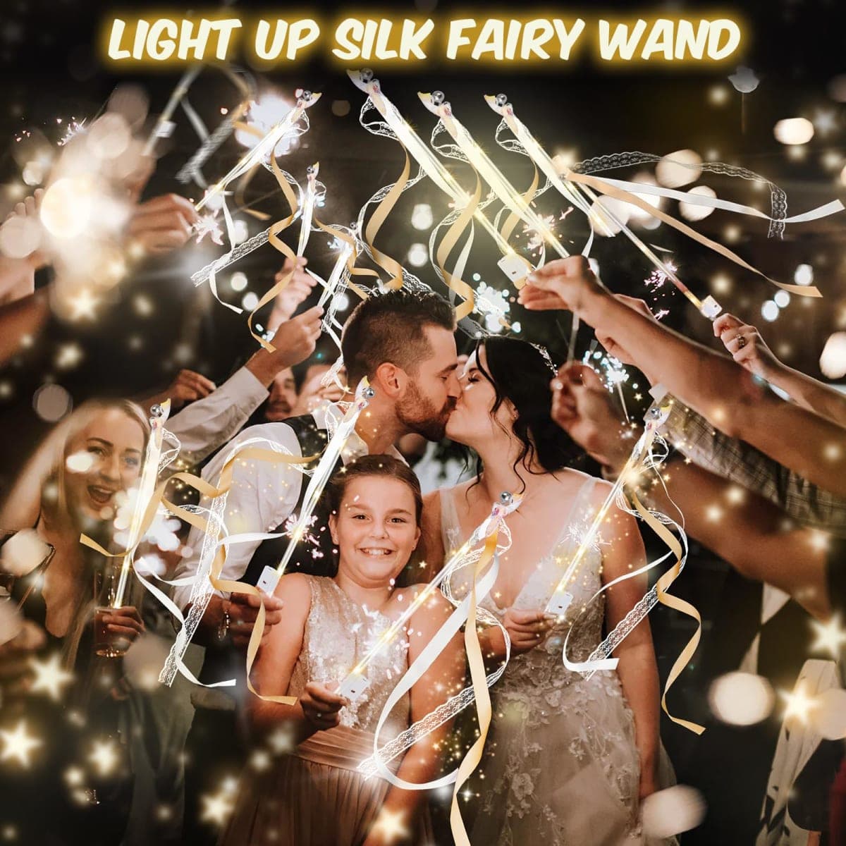 HONLYNE 58 PCS Light up Wands for Wedding, Wedding Wands Streamers with 3 Colorful Flashing Modes, Fairy Wands, LED Silk Fairy Wand with Bells for Wedding, New Year, Raves, Concert, Birthday thumbnail 5