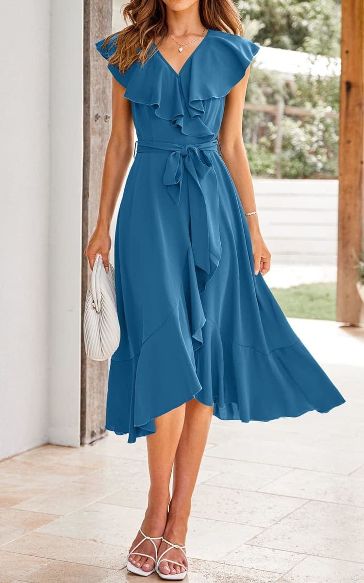 RETTYGARDEN Women's 2026 Spring Cross Midi Dress Casual Boho Deep V Neck Short Sleeve Ruffle Hem Split Beach Long Dresses, Pink, Medium thumbnail 2