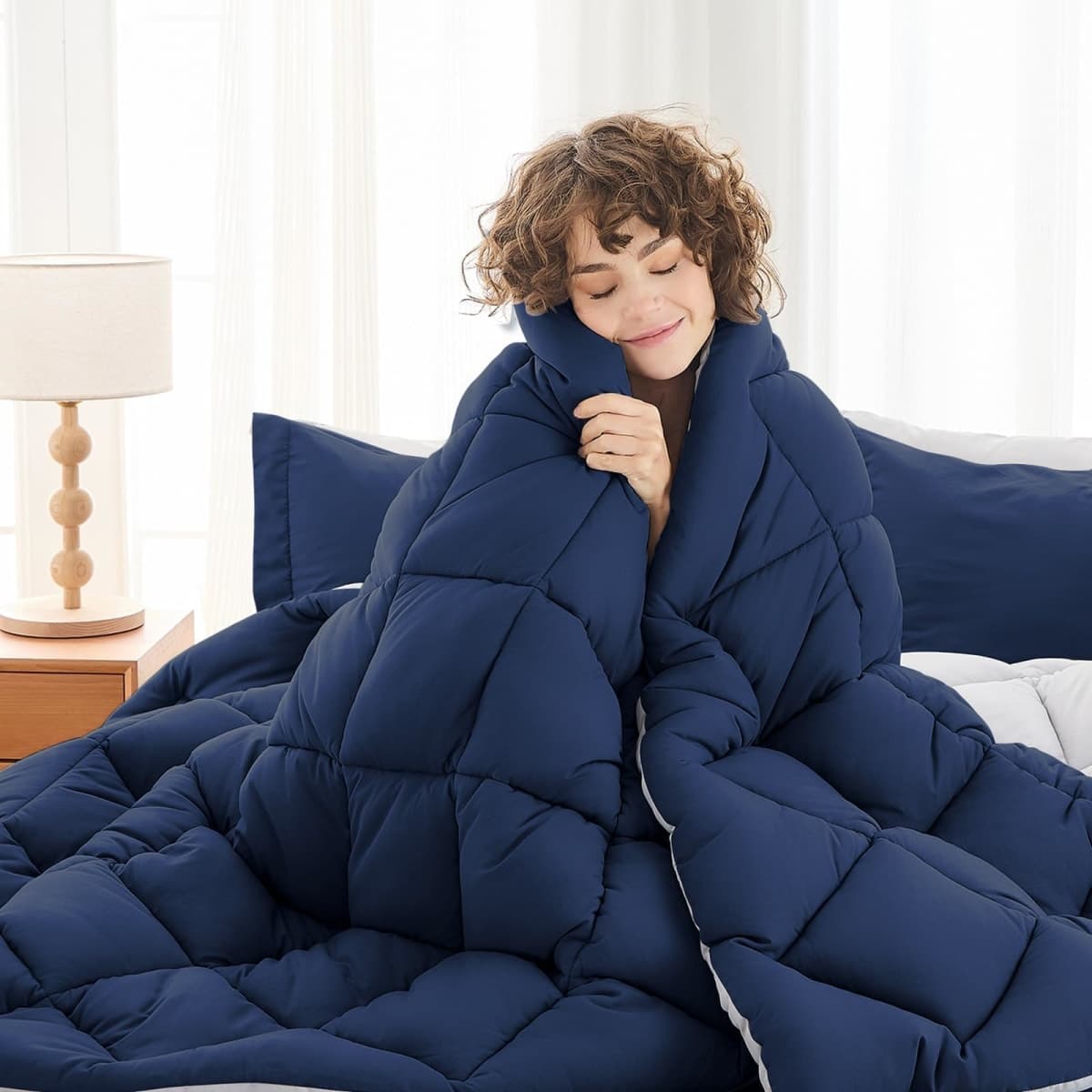 MUXHOMO 7 Pieces King Comforter Set, Reversible Bed in a Bag King Size, All Season Bedding Set with Comforter, Flat Sheet, Fitted Sheet, Pillowcases & Shams, Navy & Light Grey thumbnail 2