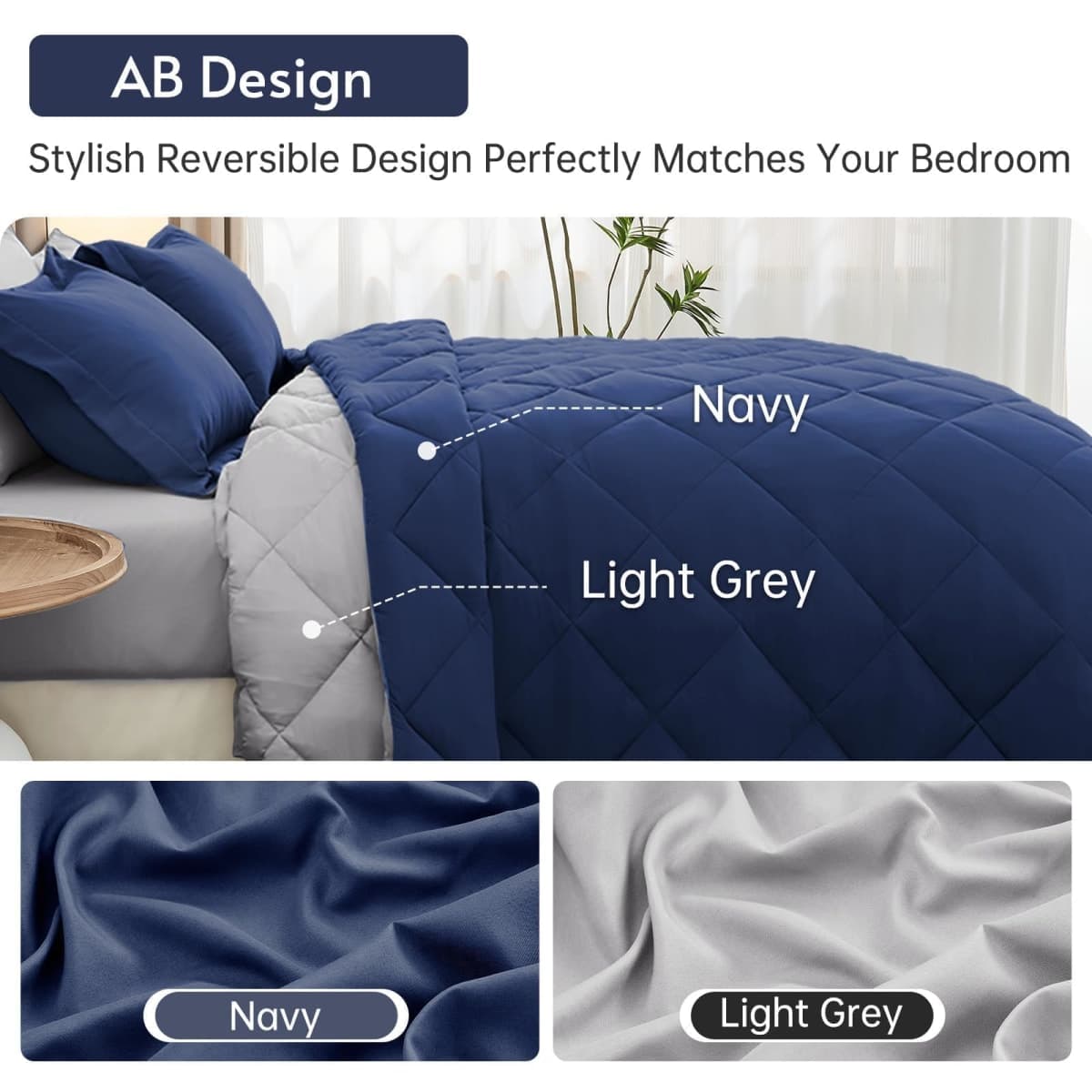 MUXHOMO 7 Pieces King Comforter Set, Reversible Bed in a Bag King Size, All Season Bedding Set with Comforter, Flat Sheet, Fitted Sheet, Pillowcases & Shams, Navy & Light Grey thumbnail 3