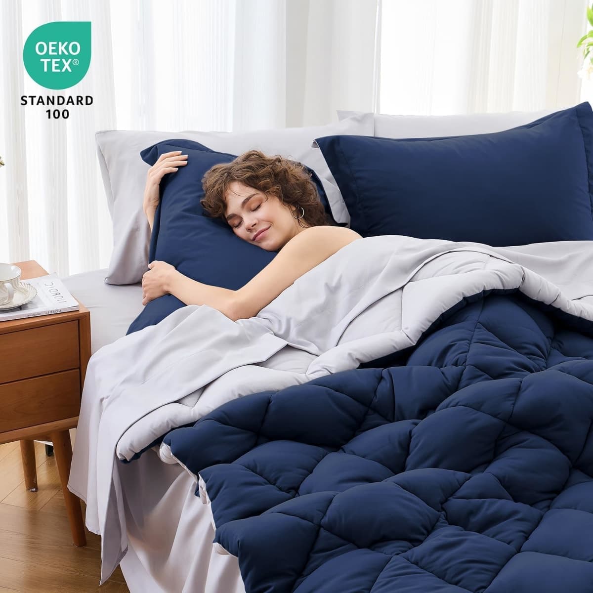 MUXHOMO 7 Pieces King Comforter Set, Reversible Bed in a Bag King Size, All Season Bedding Set with Comforter, Flat Sheet, Fitted Sheet, Pillowcases & Shams, Navy & Light Grey thumbnail 4