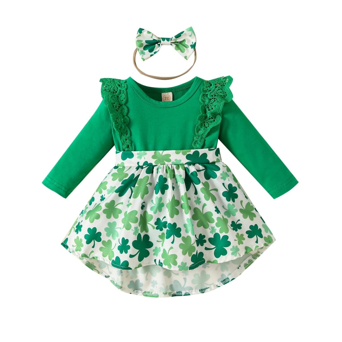 Noubeau Infant Baby Girl St.Patrick's Day Dress Ruffle Long Sleeve Romper Top Lucky Clover Print Skirt Outfits+Headband, Green-2, 12-18Months — image 1