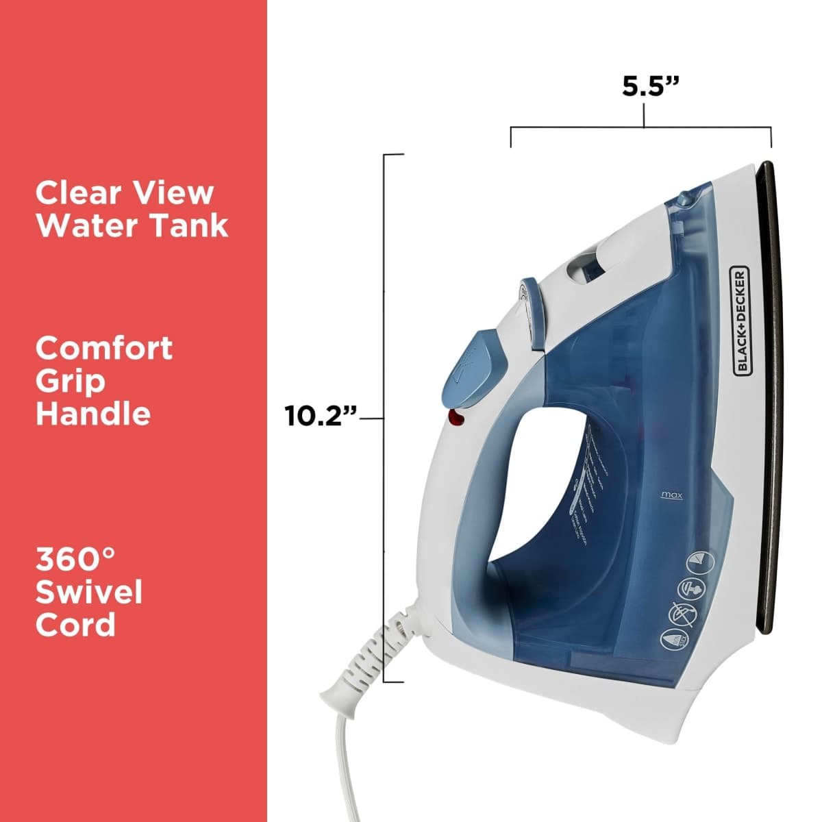 BLACK+DECKER Easy Steam Compact Iron for Clothes, Automatic Shutoff, Nonstick Plate, Light Weight, 1200 Watts thumbnail 5