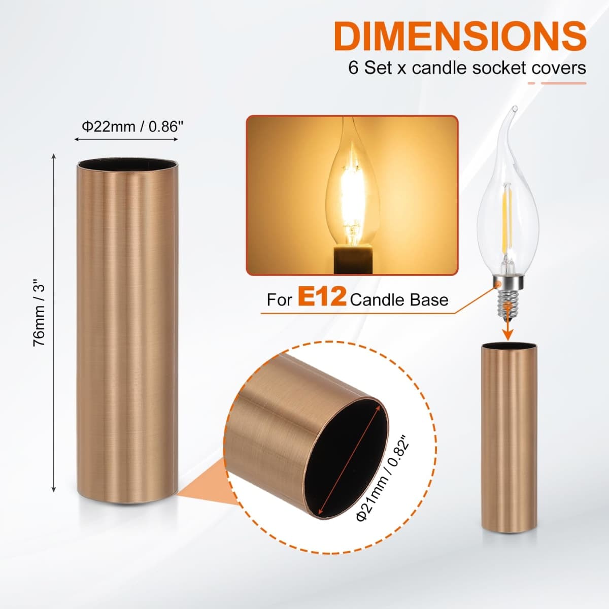 PATIKIL 3" Tall Candle Covers Sleeves, 6Pcs Metal E12 Chandelier Socket Sleeves with Insulation Heat Shrinkable Flame Retardant Tube Bulb Light Base Holder for Lamps, Red Bronze thumbnail 2