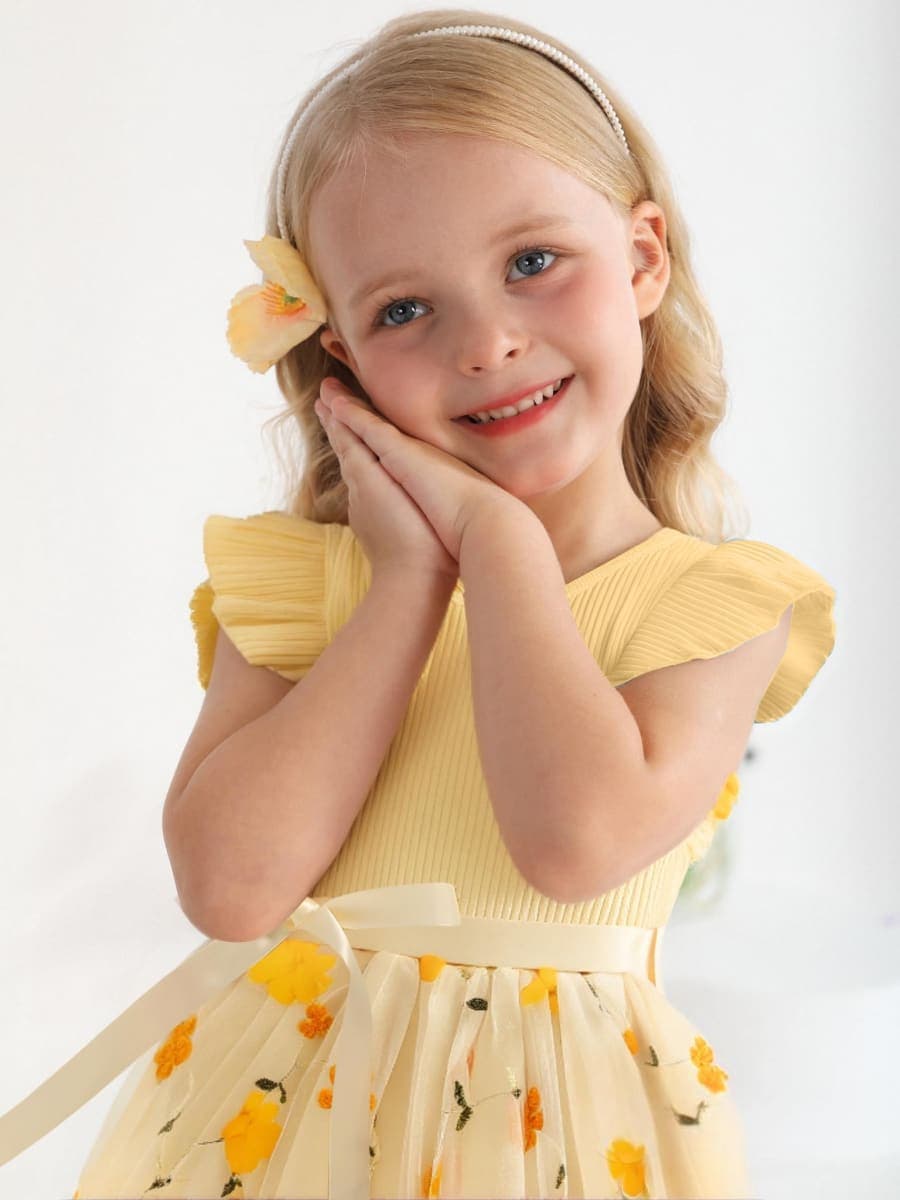Sinhoon Toddler Girl Tulle Dress Summer Ruffle Sleeveless Baby Girl Fashion Casual Dresses 1-6Y, Flower Yellow, 5T thumbnail 2