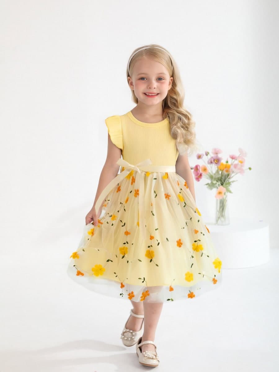 Sinhoon Toddler Girl Tulle Dress Summer Ruffle Sleeveless Baby Girl Fashion Casual Dresses 1-6Y, Flower Yellow, 5T thumbnail 3